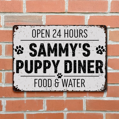 Restaurante canino abierto las 24 horas. Comida y agua. Letrero metálico personalizado. DOG012_MSIGN