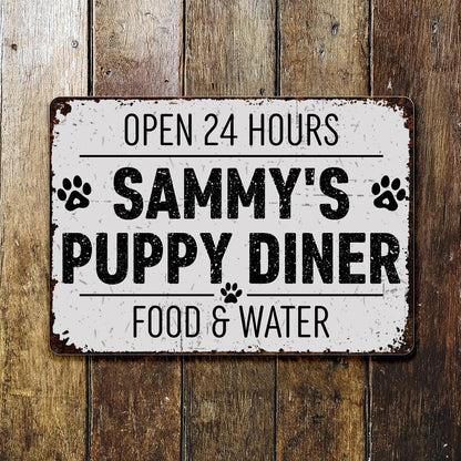 Restaurante canino abierto las 24 horas. Comida y agua. Letrero metálico personalizado. DOG012_MSIGN