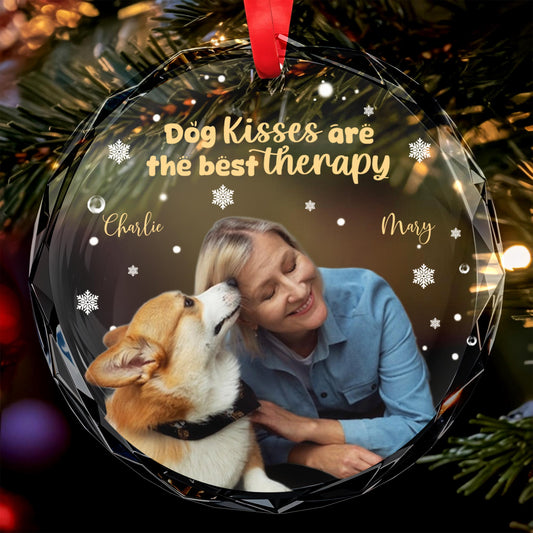 Dog Kisses Are The Best Therapy Circle Glass Ornament