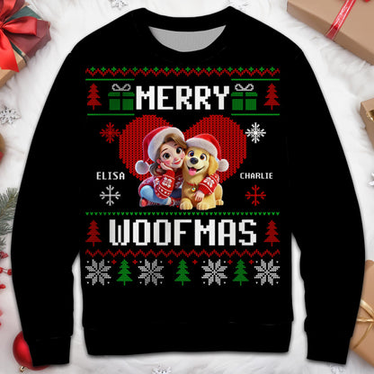 Merry Woofmas Christmas Trees With Girl And Dog Design