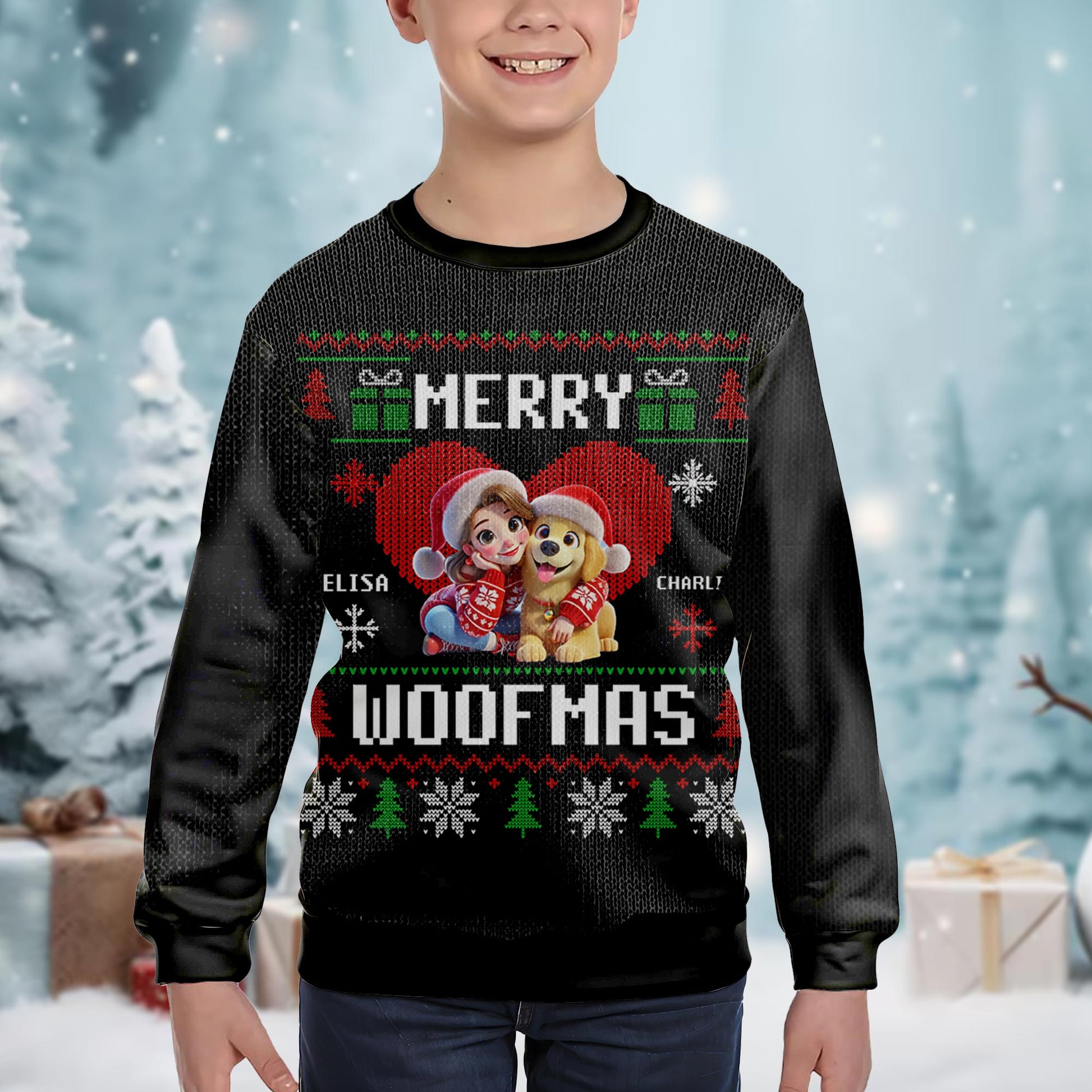 Merry Woofmas Christmas Trees With Girl And Dog Design