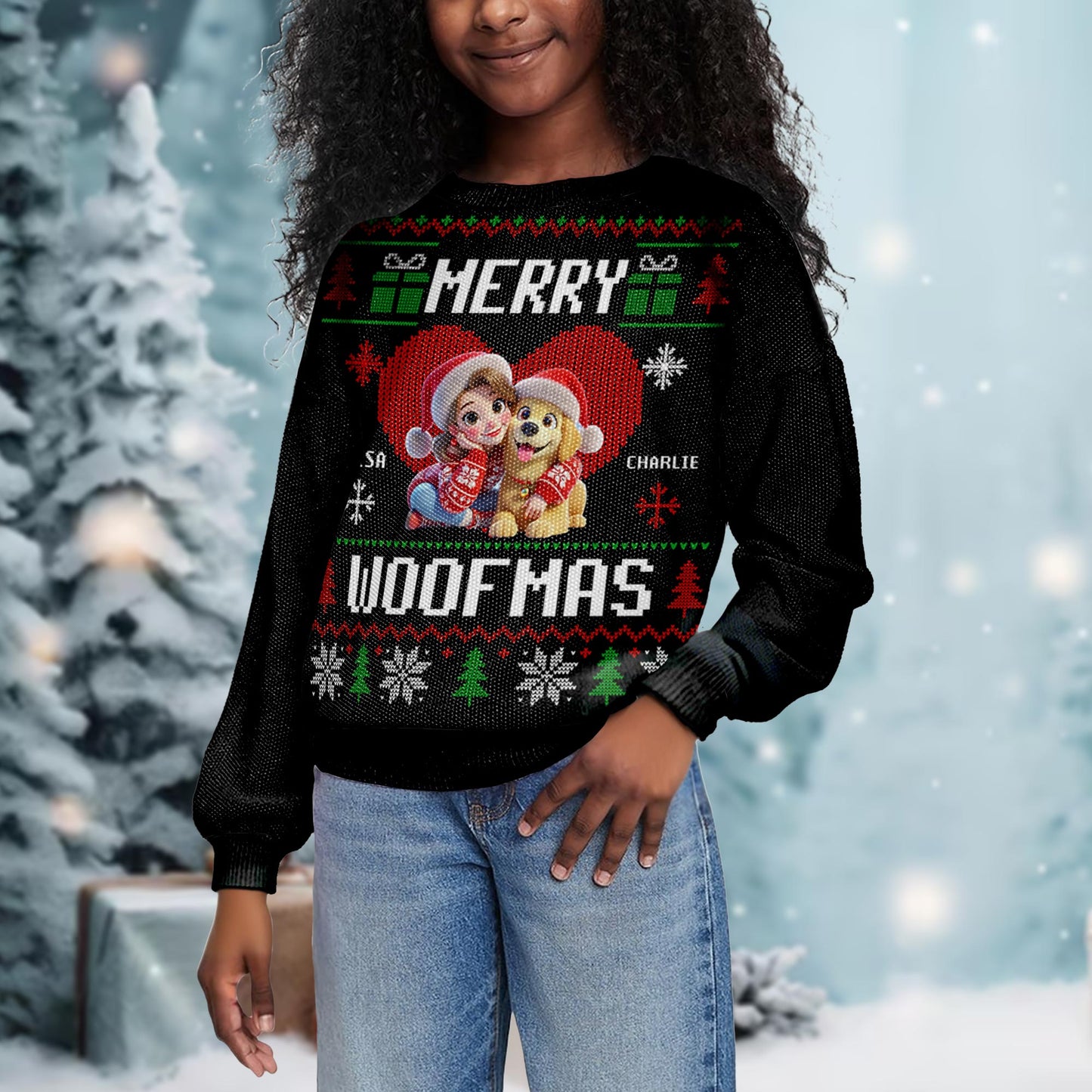 Merry Woofmas Christmas Trees With Girl And Dog Design