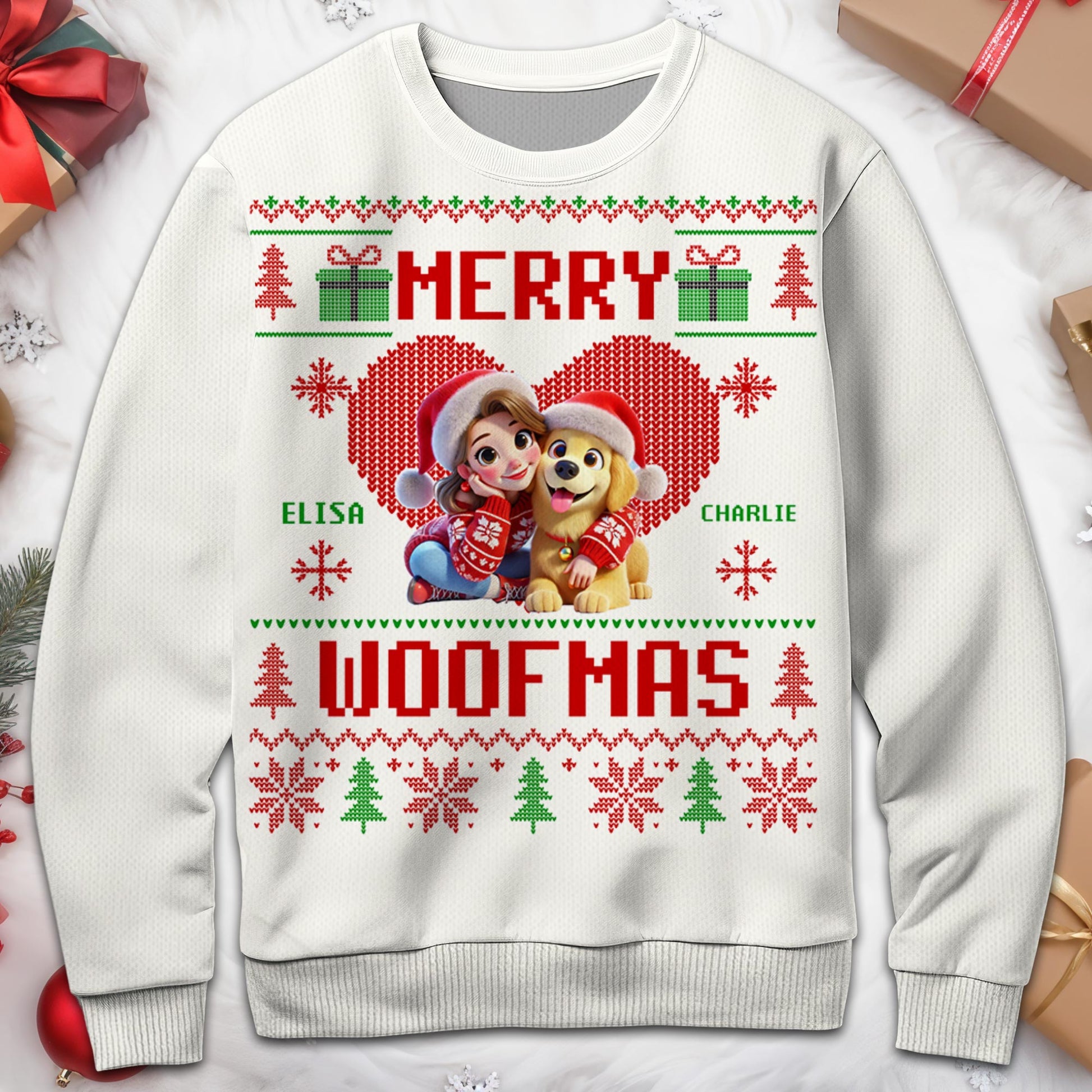 Merry Woofmas Christmas Trees With Girl And Dog Design