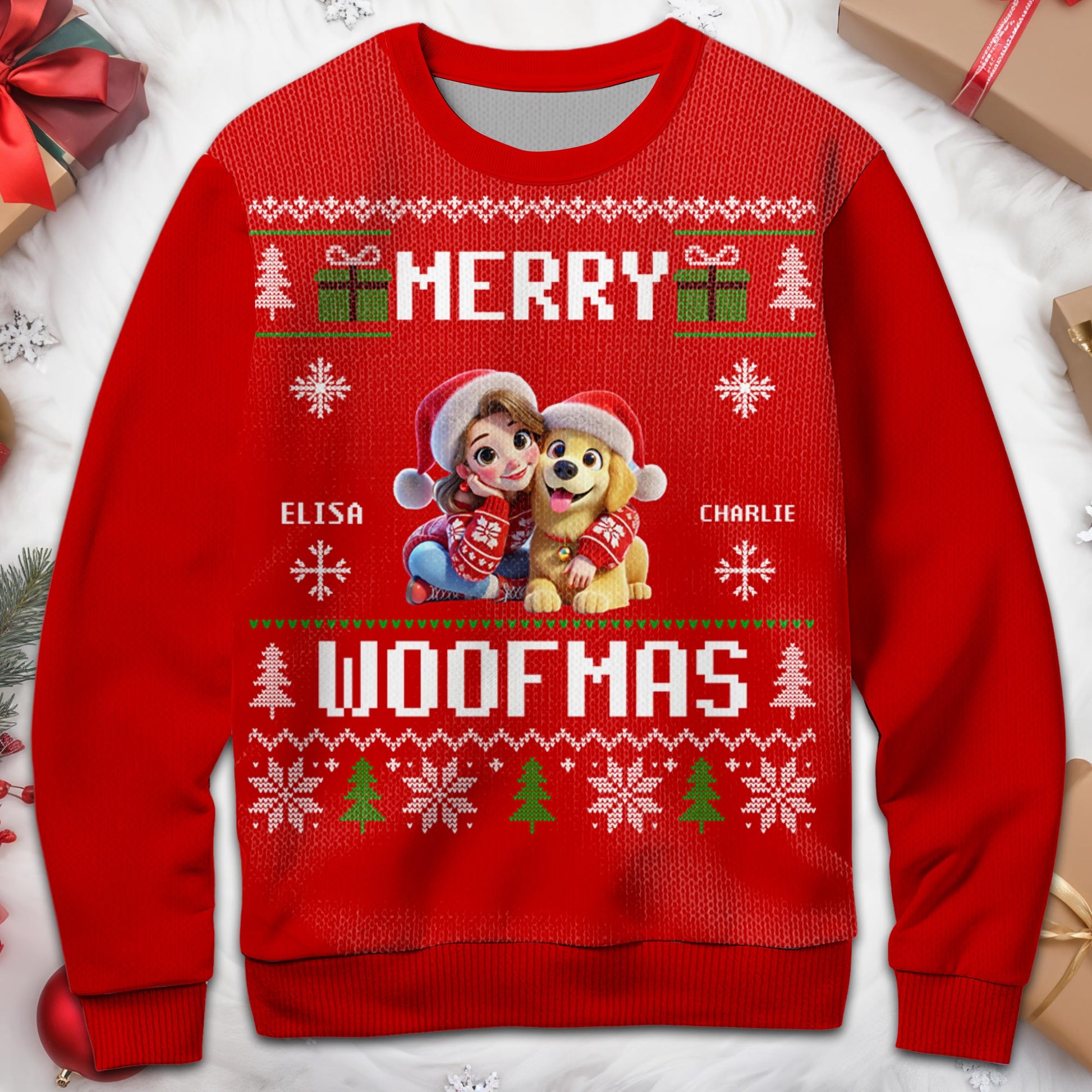 Merry Woofmas Christmas Trees With Girl And Dog Design