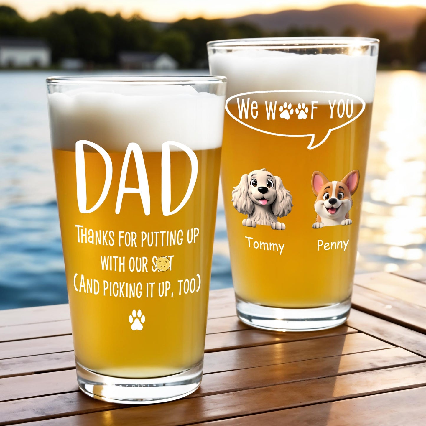 Dad Thanks For Putting Up With Our Stuff And Dog, Paw Print - Personalized Custom Beer Glass - DOG035_BRG