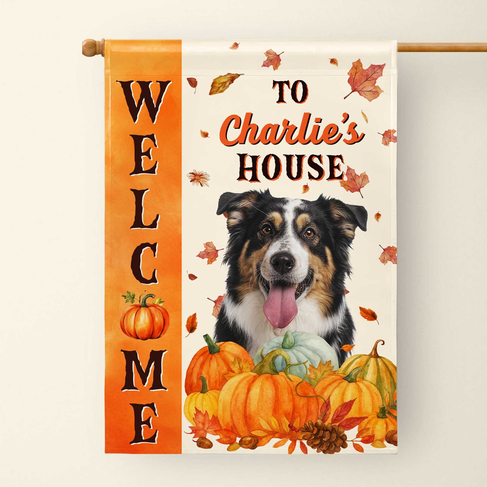 Welcome To Charlie's House With Dog And Pumpkins