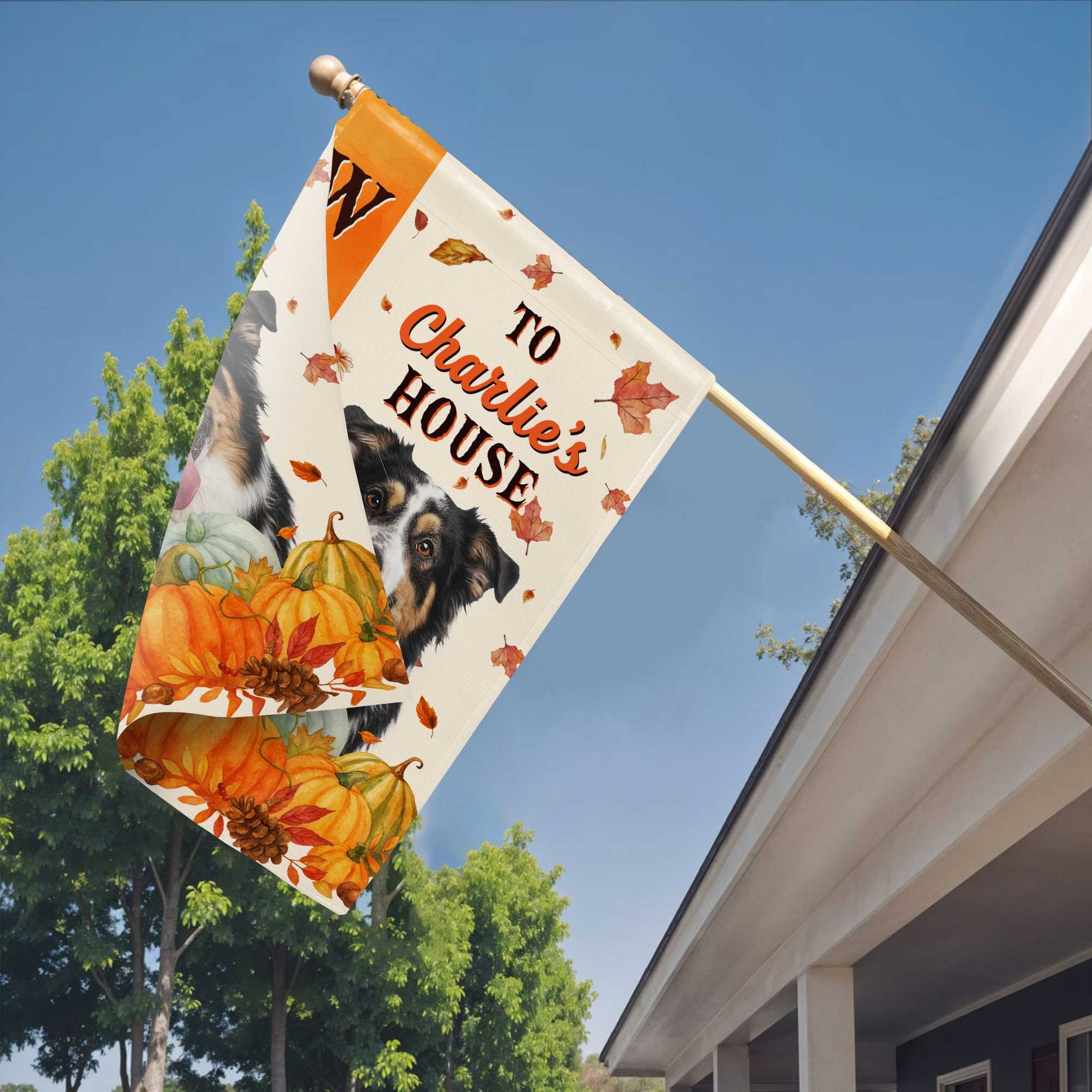 Welcome To Charlie's House With Dog And Pumpkins