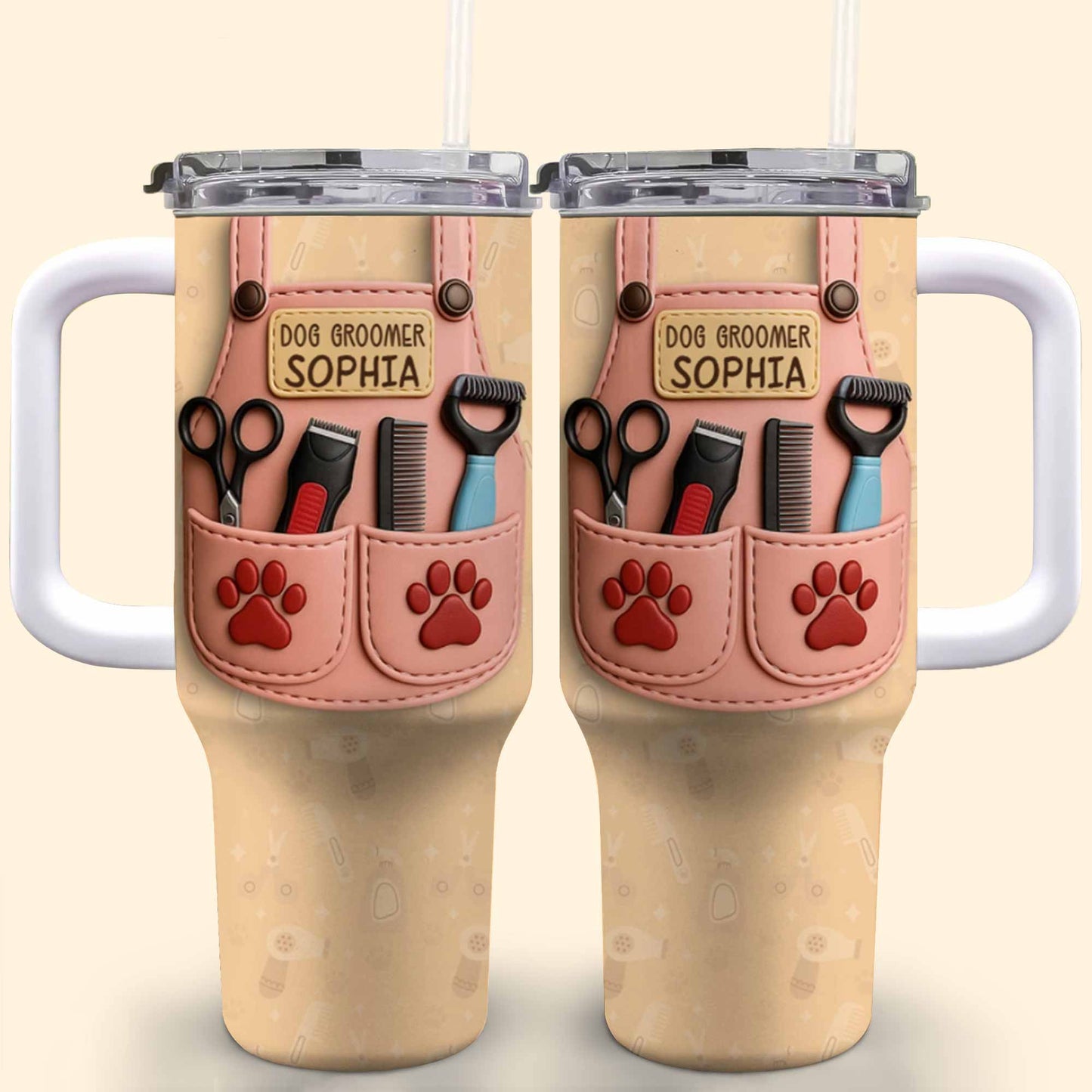 Dog Groomer Gift With Grooming Tools And Paw Prints - Personalized 40oz Tumbler With Straw - DOG063_TBS