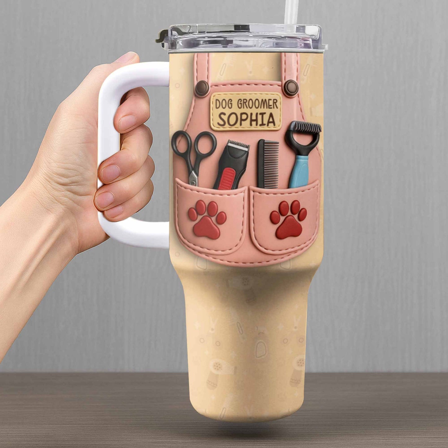 Dog Groomer Gift With Grooming Tools And Paw Prints - Personalized 40oz Tumbler With Straw - DOG063_TBS