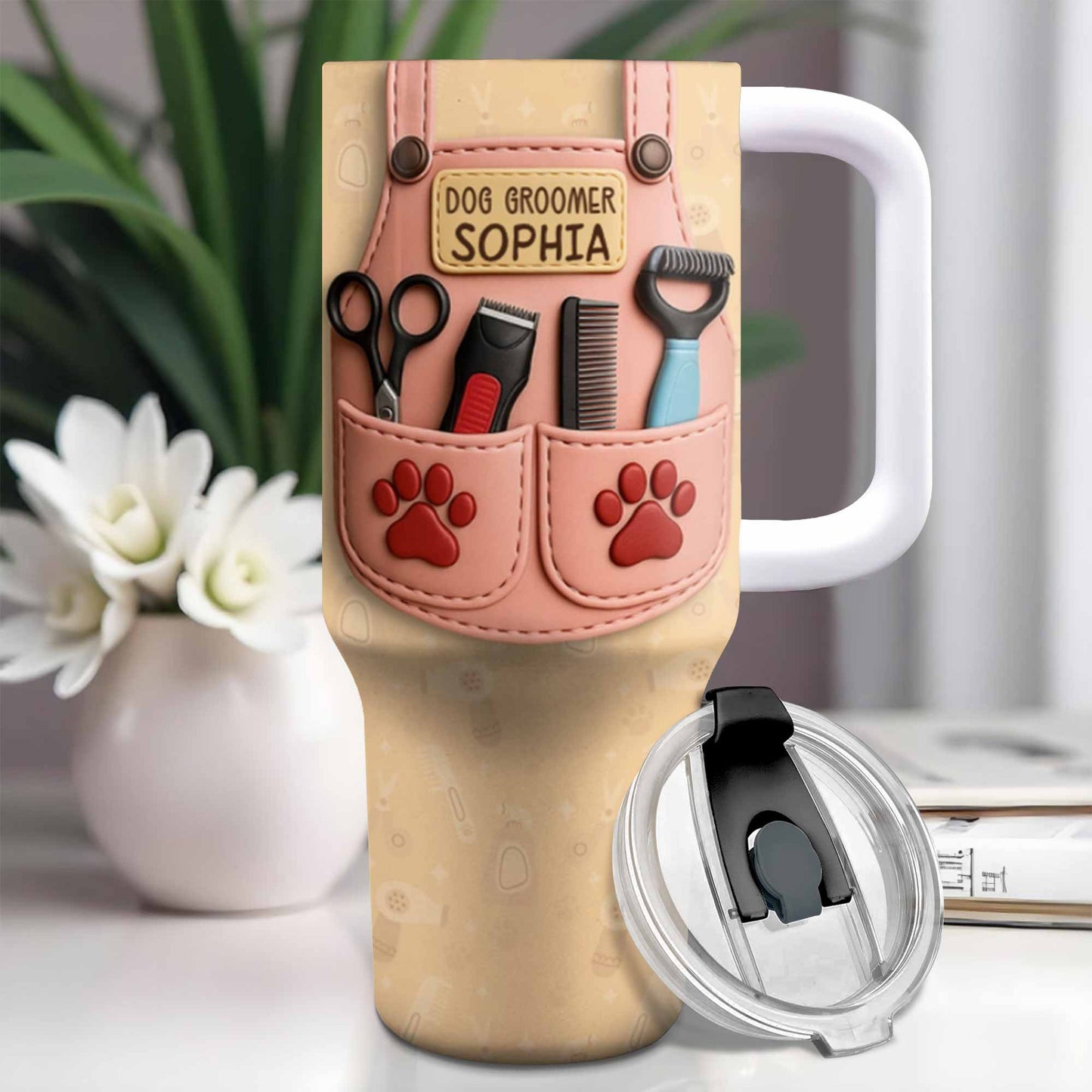 Dog Groomer Gift With Grooming Tools And Paw Prints - Personalized 40oz Tumbler With Straw - DOG063_TBS