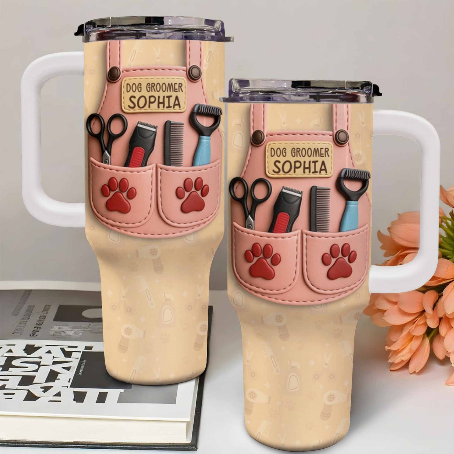 Dog Groomer Gift With Grooming Tools And Paw Prints - Personalized 40oz Tumbler With Straw - DOG063_TBS