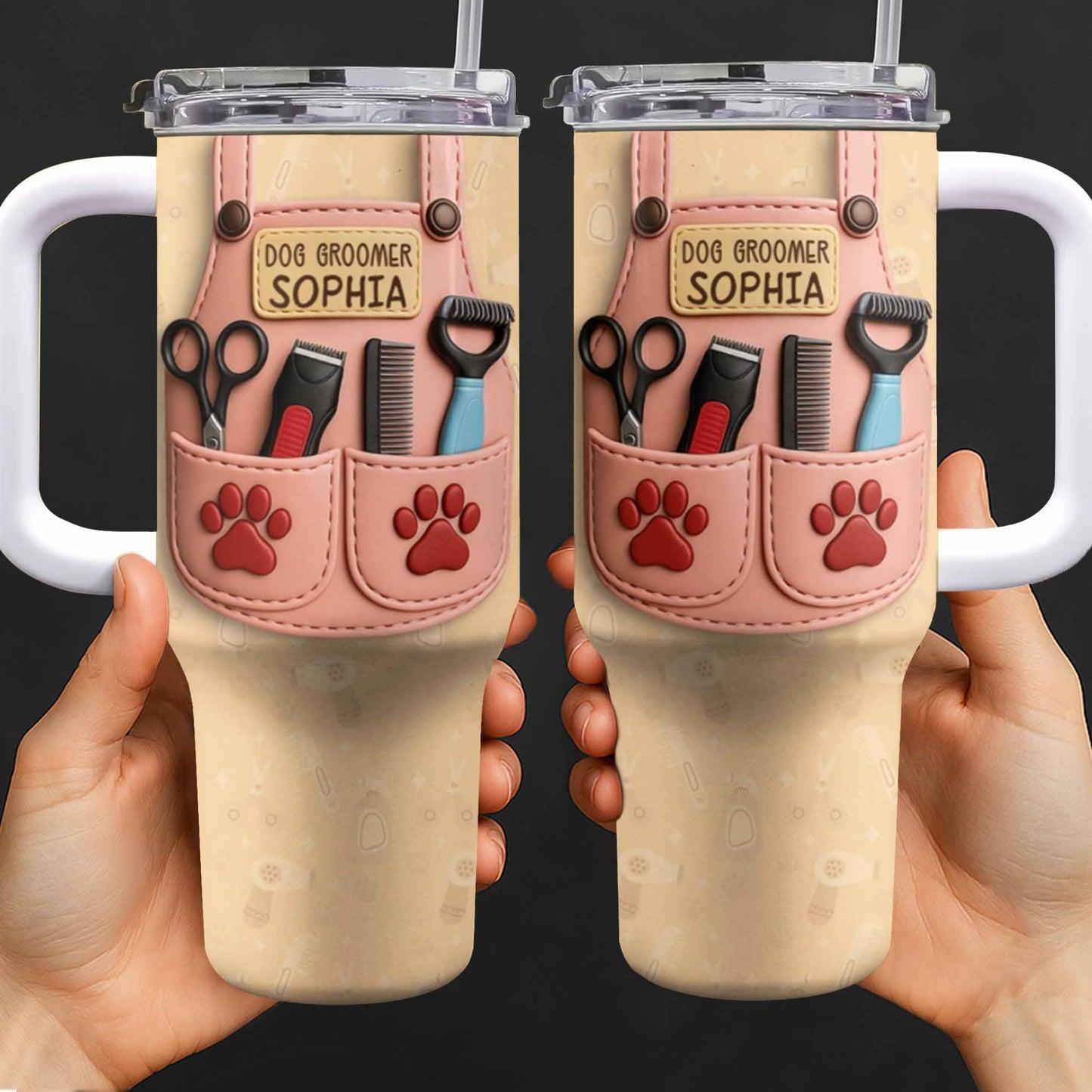 Dog Groomer Gift With Grooming Tools And Paw Prints - Personalized 40oz Tumbler With Straw - DOG063_TBS