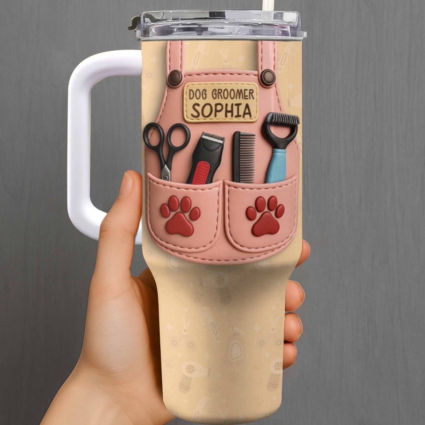 Dog Groomer Gift With Grooming Tools And Paw Prints - Personalized 40oz Tumbler With Straw - DOG063_TBS