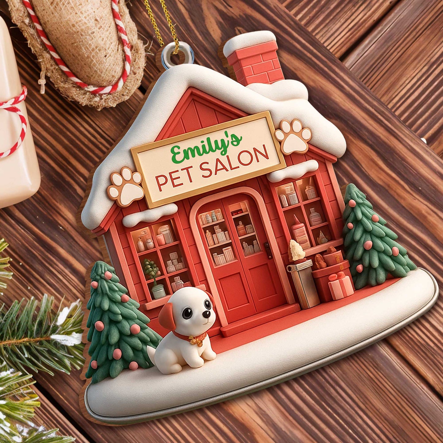 Emily's Pet Salon With Dog and Christmas Tree Ornament
