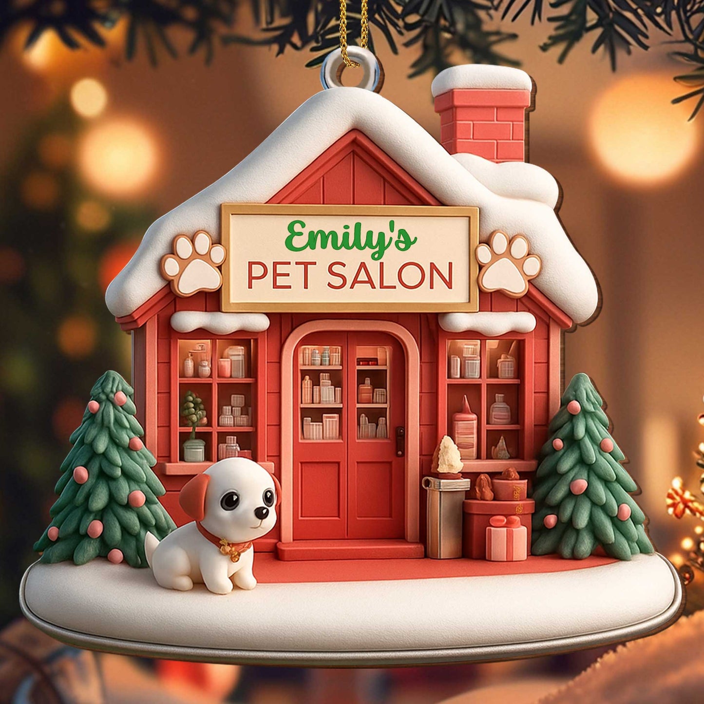 Emily's Pet Salon With Dog and Christmas Tree Ornament