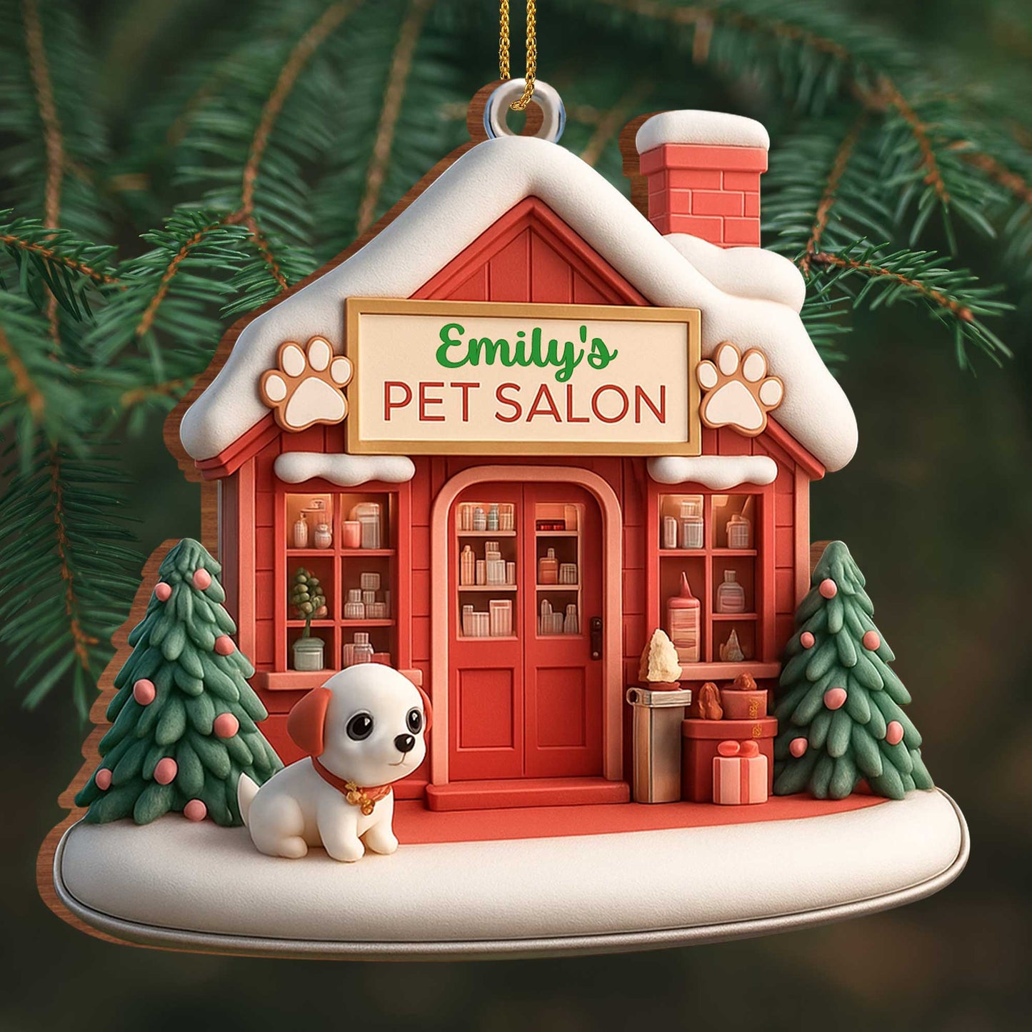 Emily's Pet Salon With Dog and Christmas Tree Ornament
