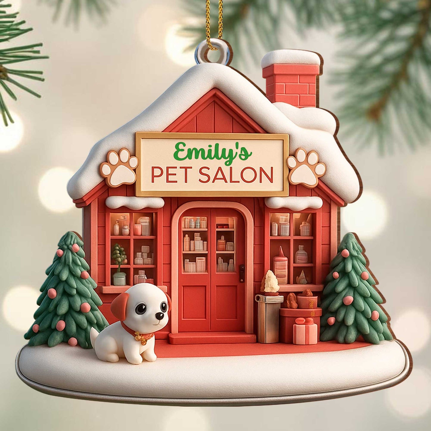 Emily's Pet Salon With Dog and Christmas Tree Ornament