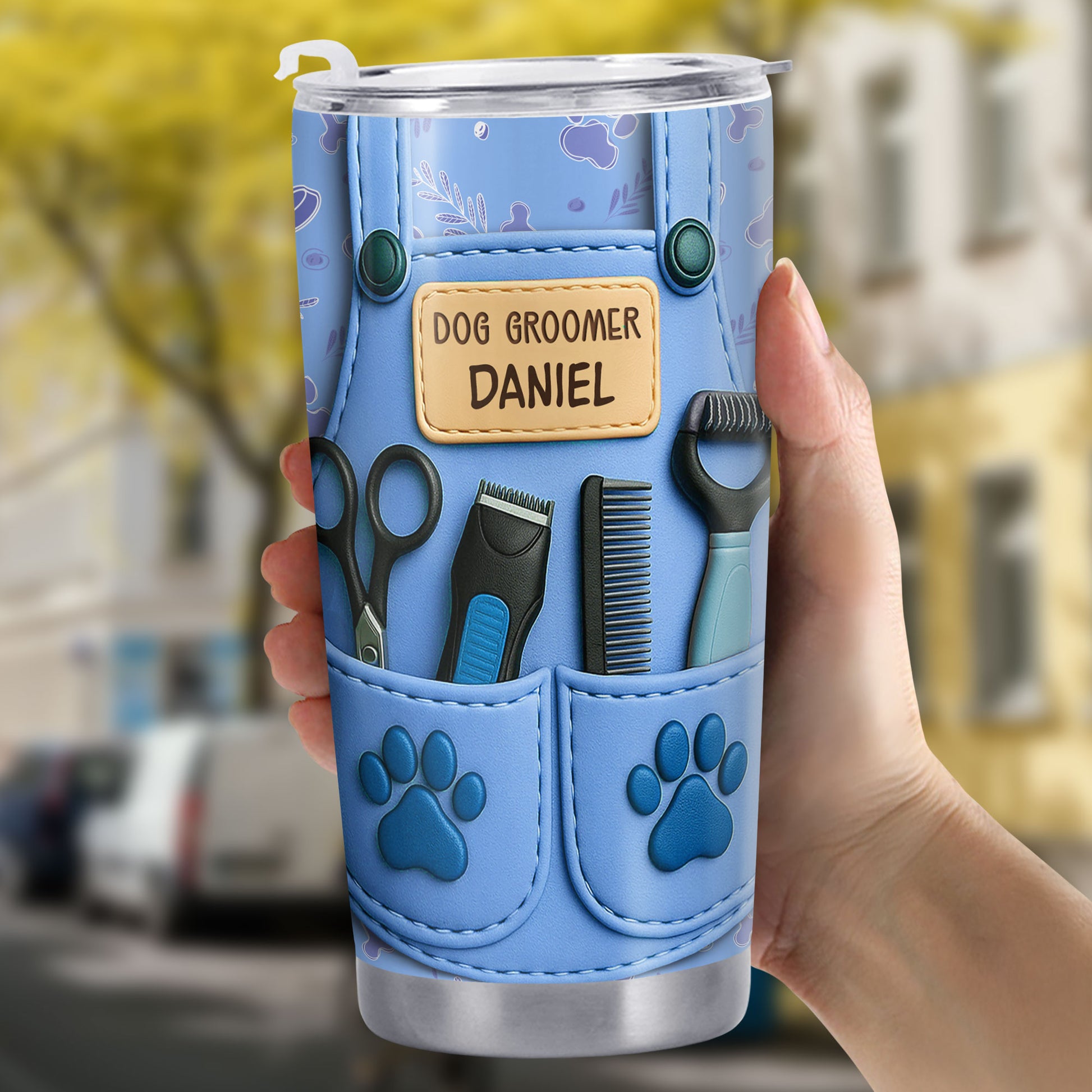 Customizable Tumbler For Dog Groomers With Tools And Paw Prints