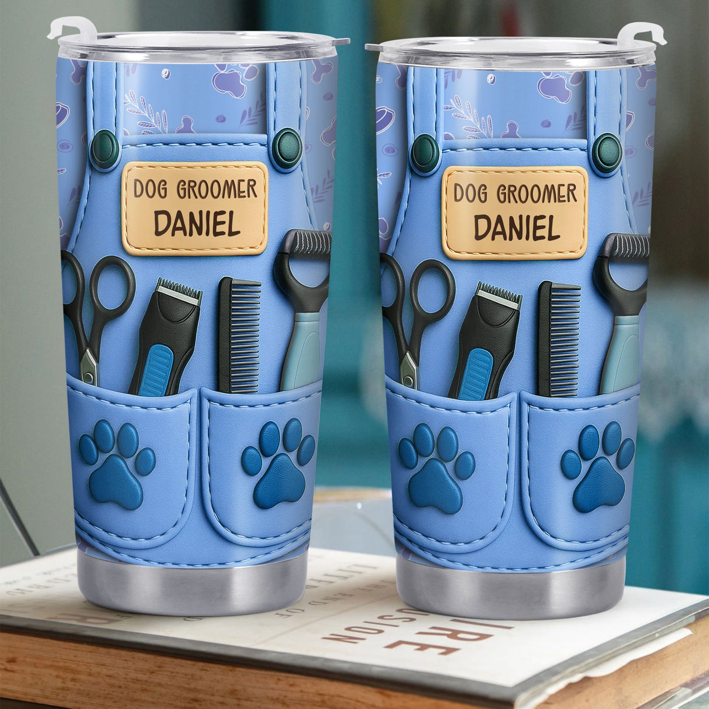 Customizable Tumbler For Dog Groomers With Tools And Paw Prints