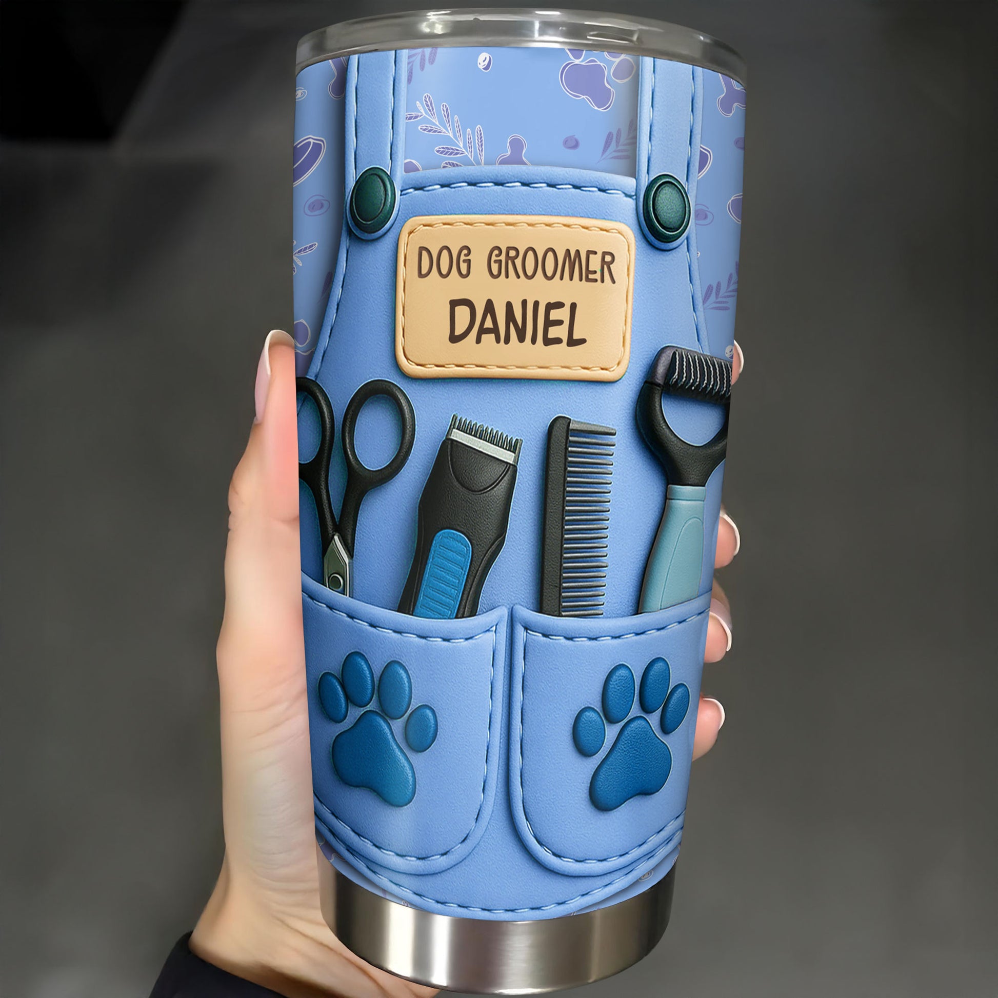 Customizable Tumbler For Dog Groomers With Tools And Paw Prints