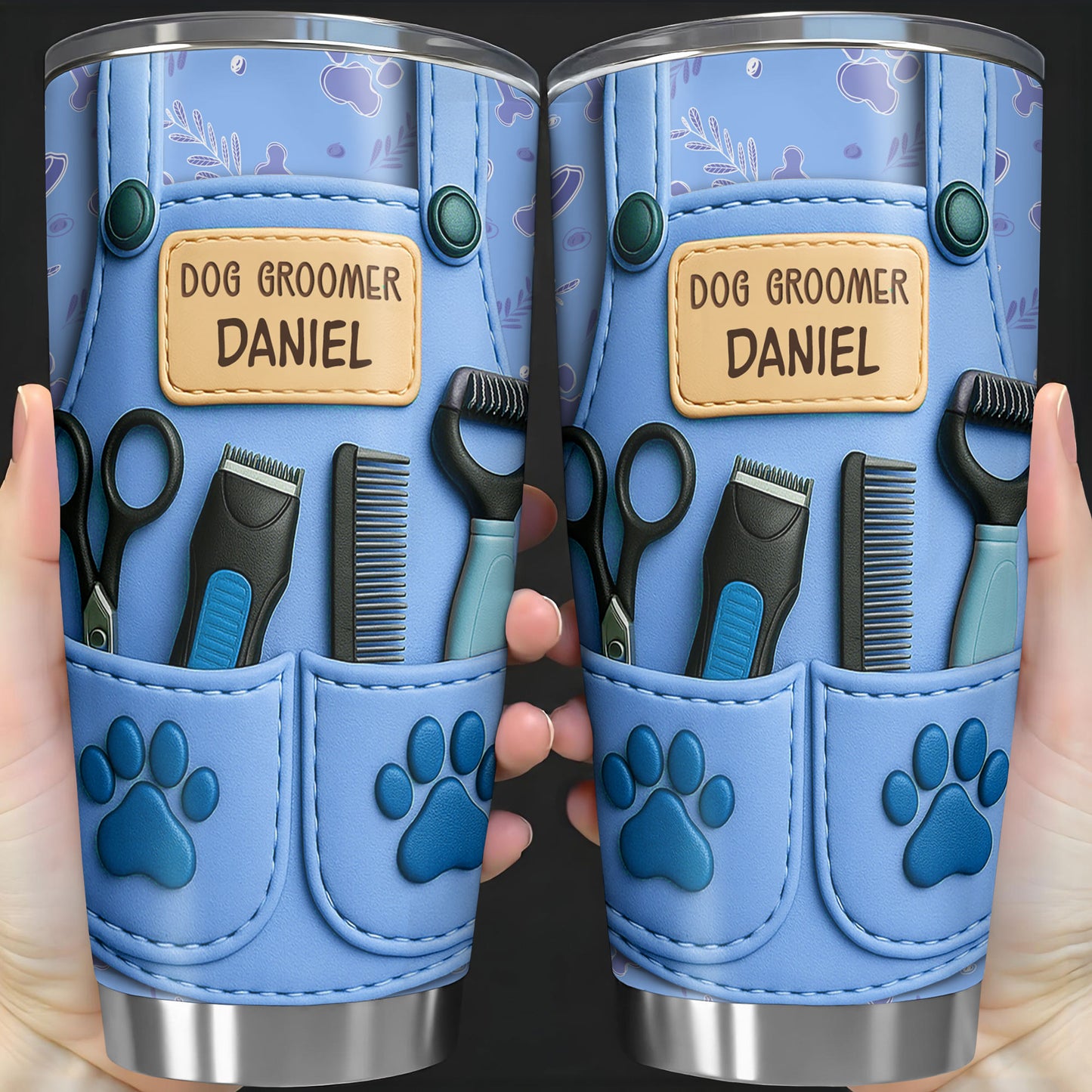 Customizable Tumbler For Dog Groomers With Tools And Paw Prints