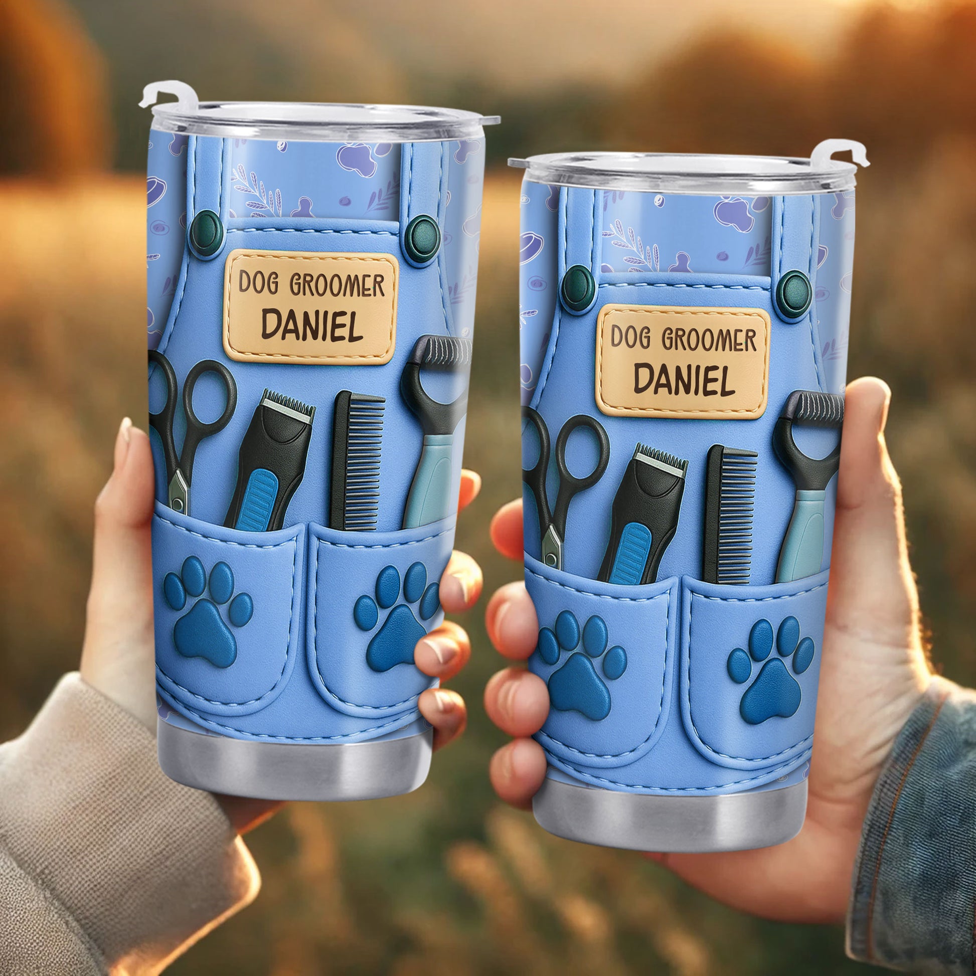 Customizable Tumbler For Dog Groomers With Tools And Paw Prints