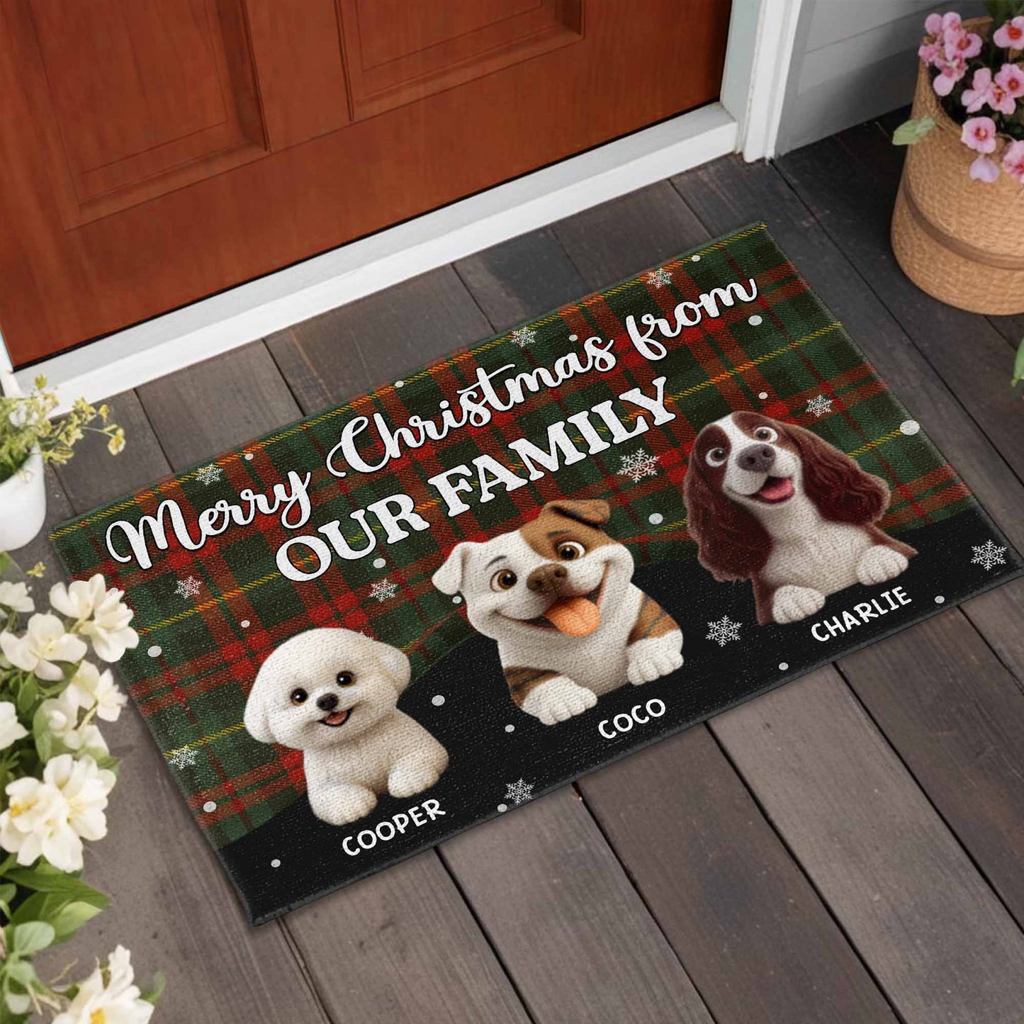 Merry Christmas From Our Family, Dogs And Plaid Design