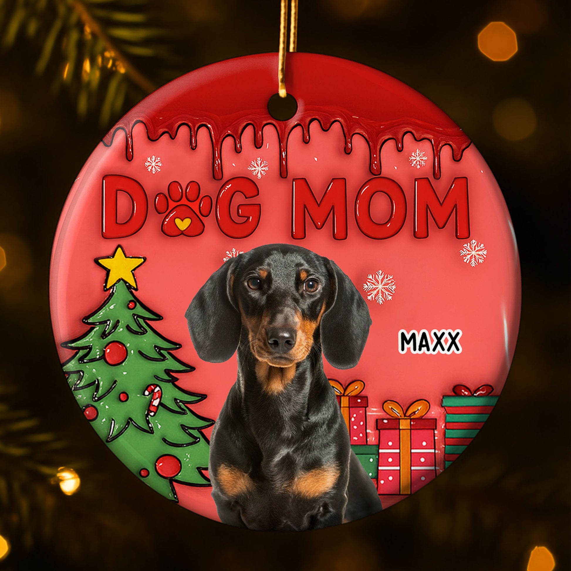 Dog Mom With Festive Christmas Tree And Gifts