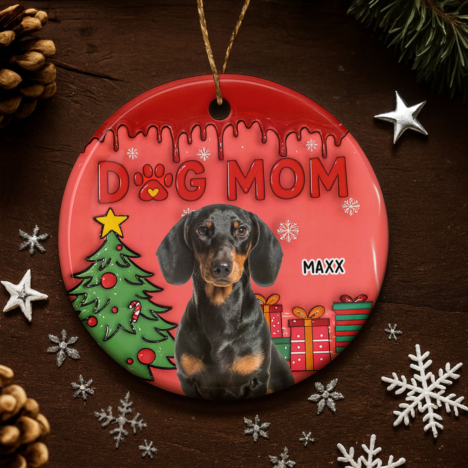 Dog Mom With Festive Christmas Tree And Gifts