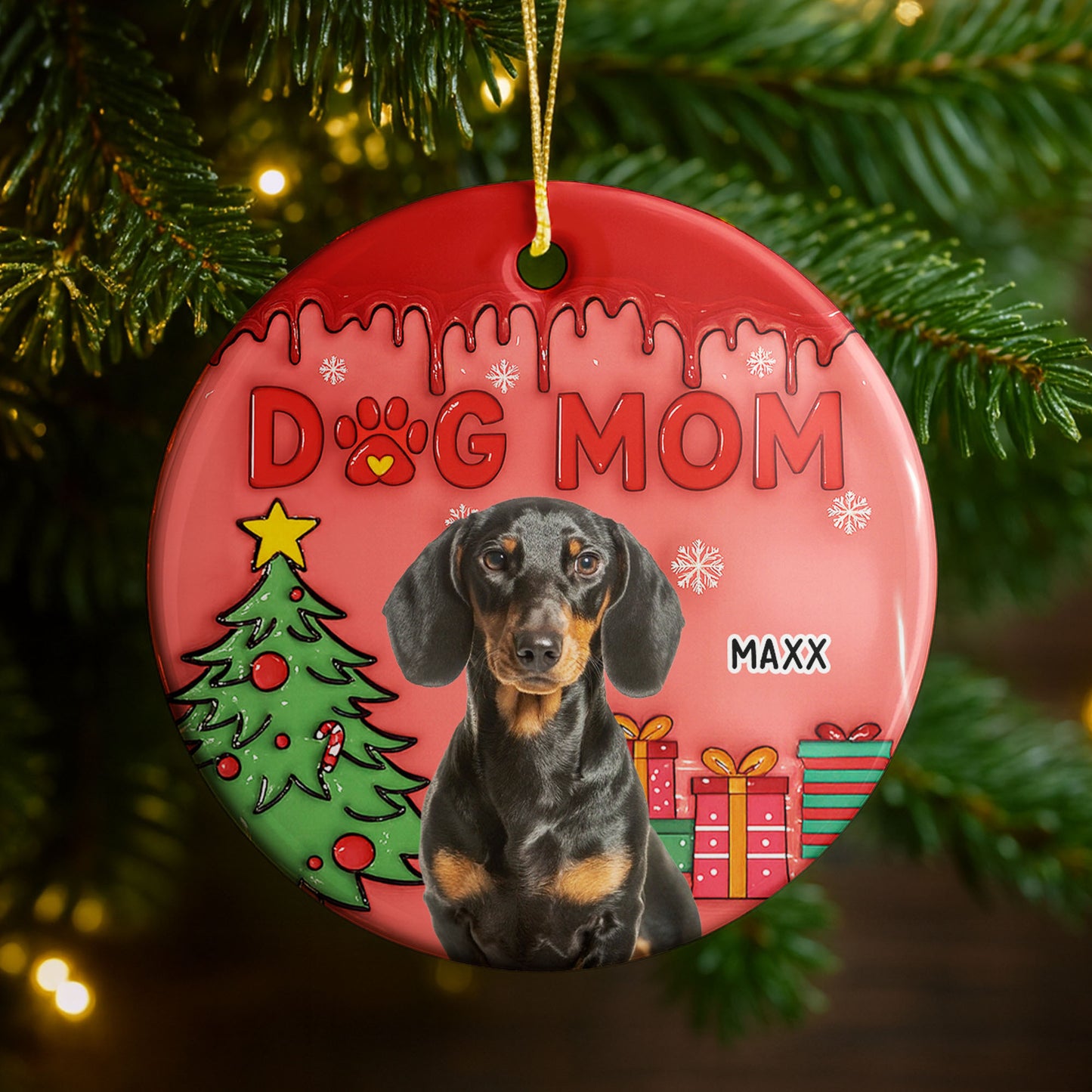 Dog Mom With Festive Christmas Tree And Gifts