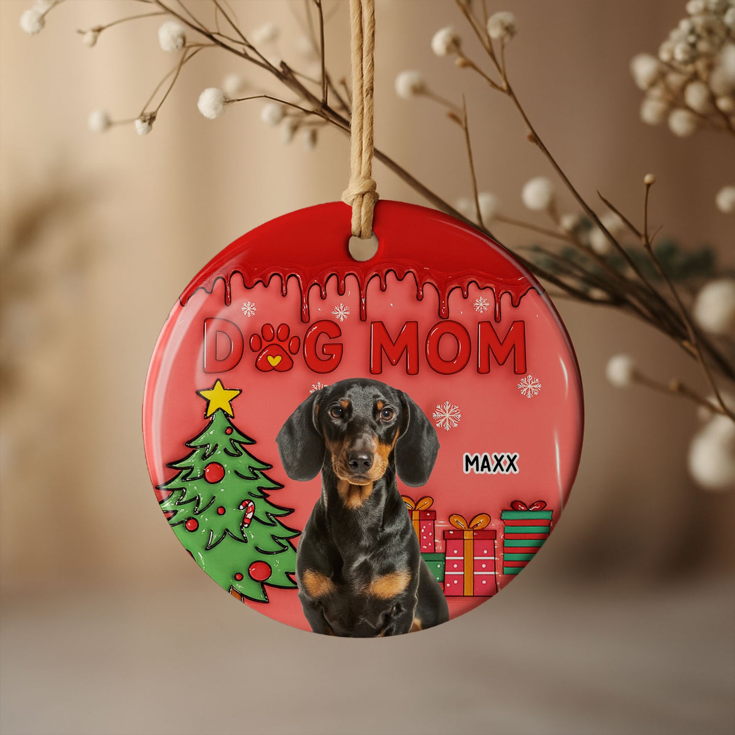 Dog Mom With Festive Christmas Tree And Gifts