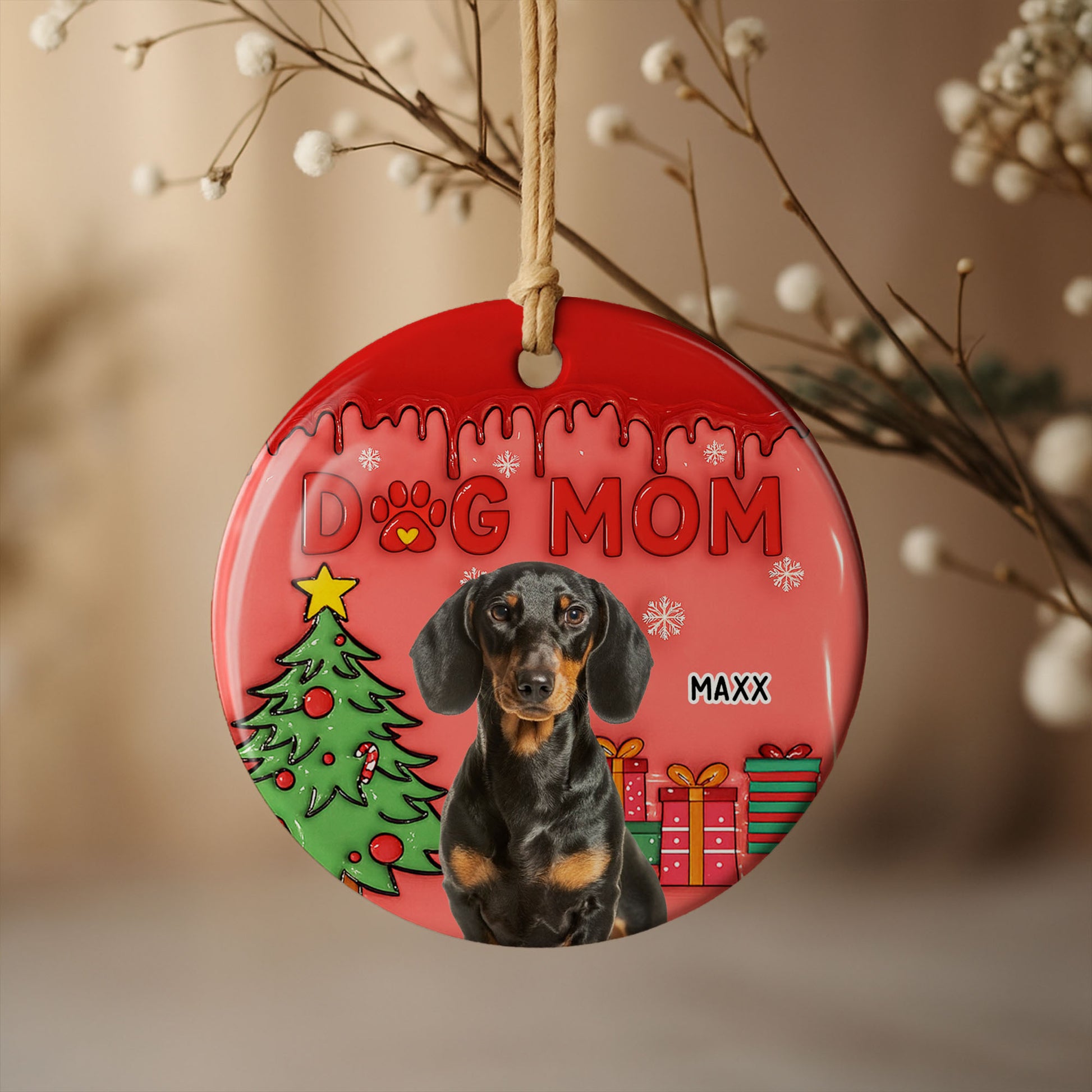 Dog Mom With Festive Christmas Tree And Gifts