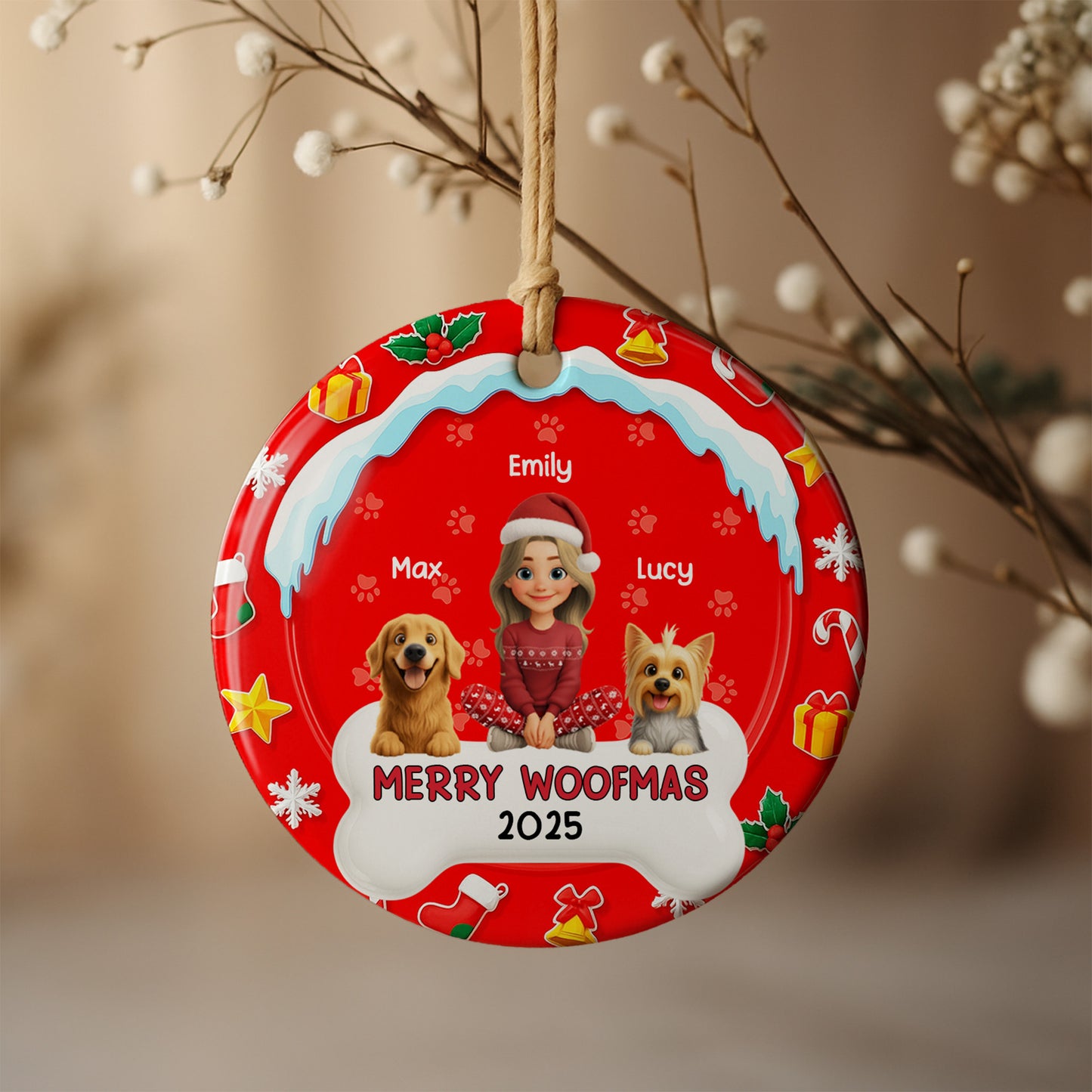 Merry Woofmas With A Girl And Cheerful Dogs