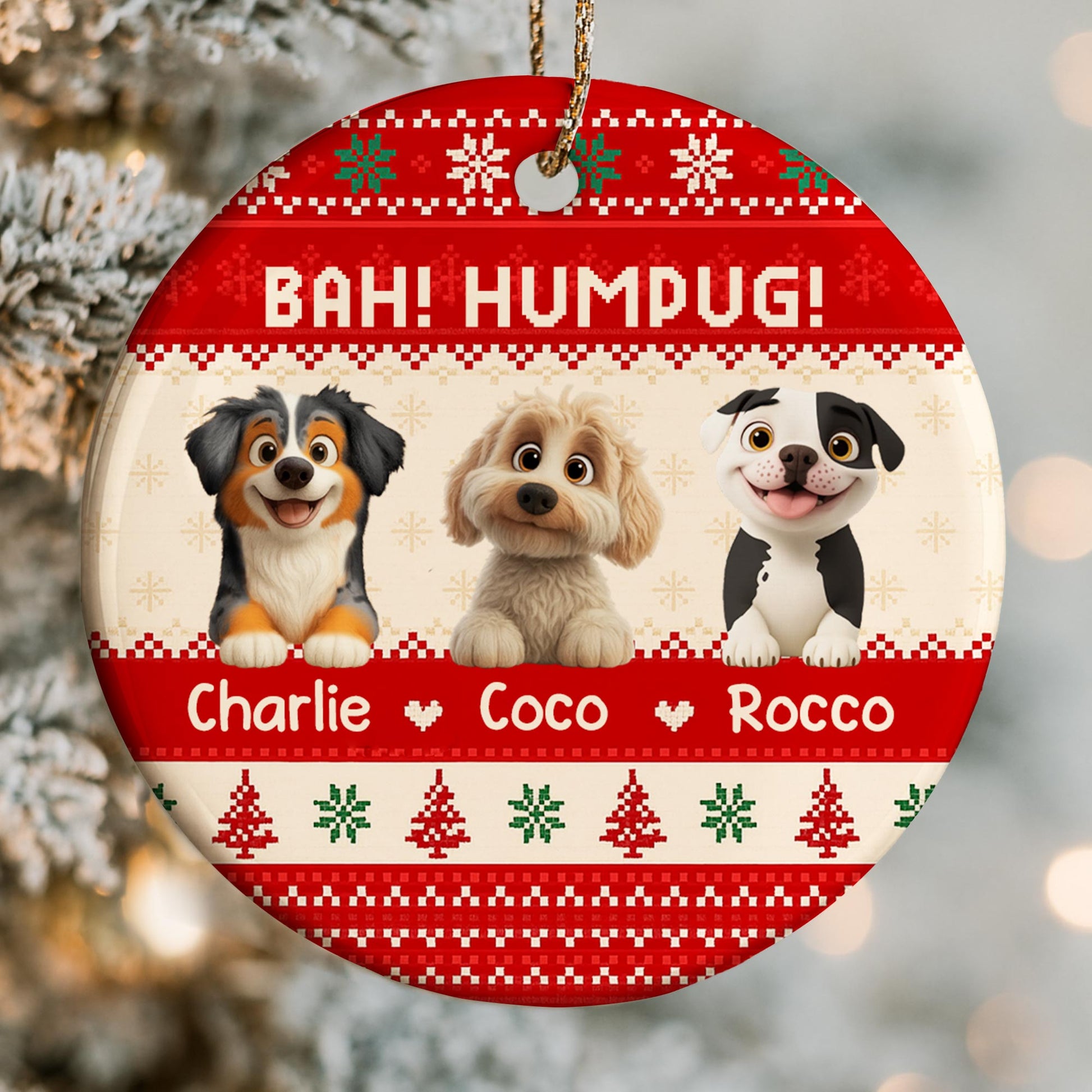 Bah Humpug With Dogs, Christmas Trees And Snowflakes
