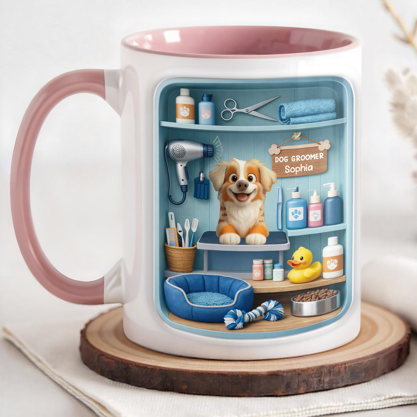 Dog Groomer With Adorable Puppy And Grooming Tools Design