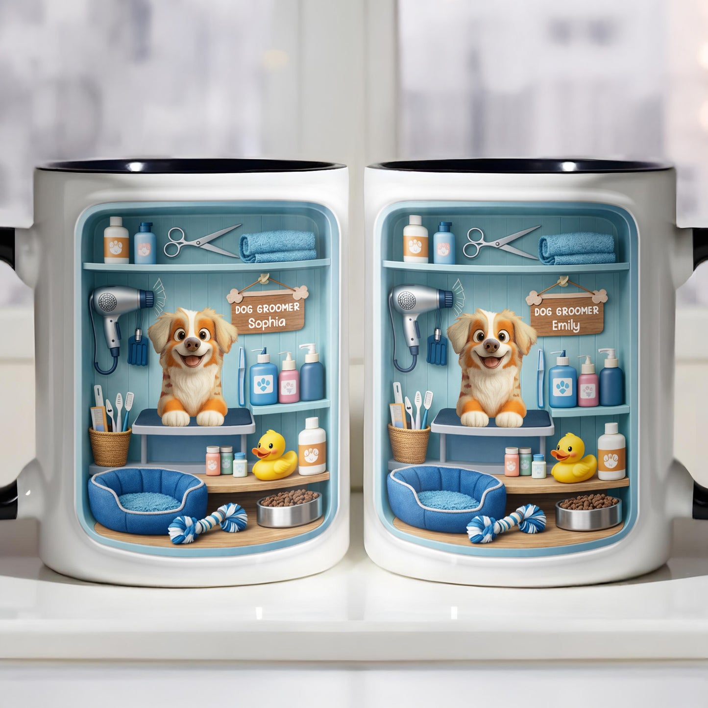 Dog Groomer With Adorable Puppy And Grooming Tools Design