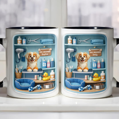 Dog Groomer With Adorable Puppy And Grooming Tools Design