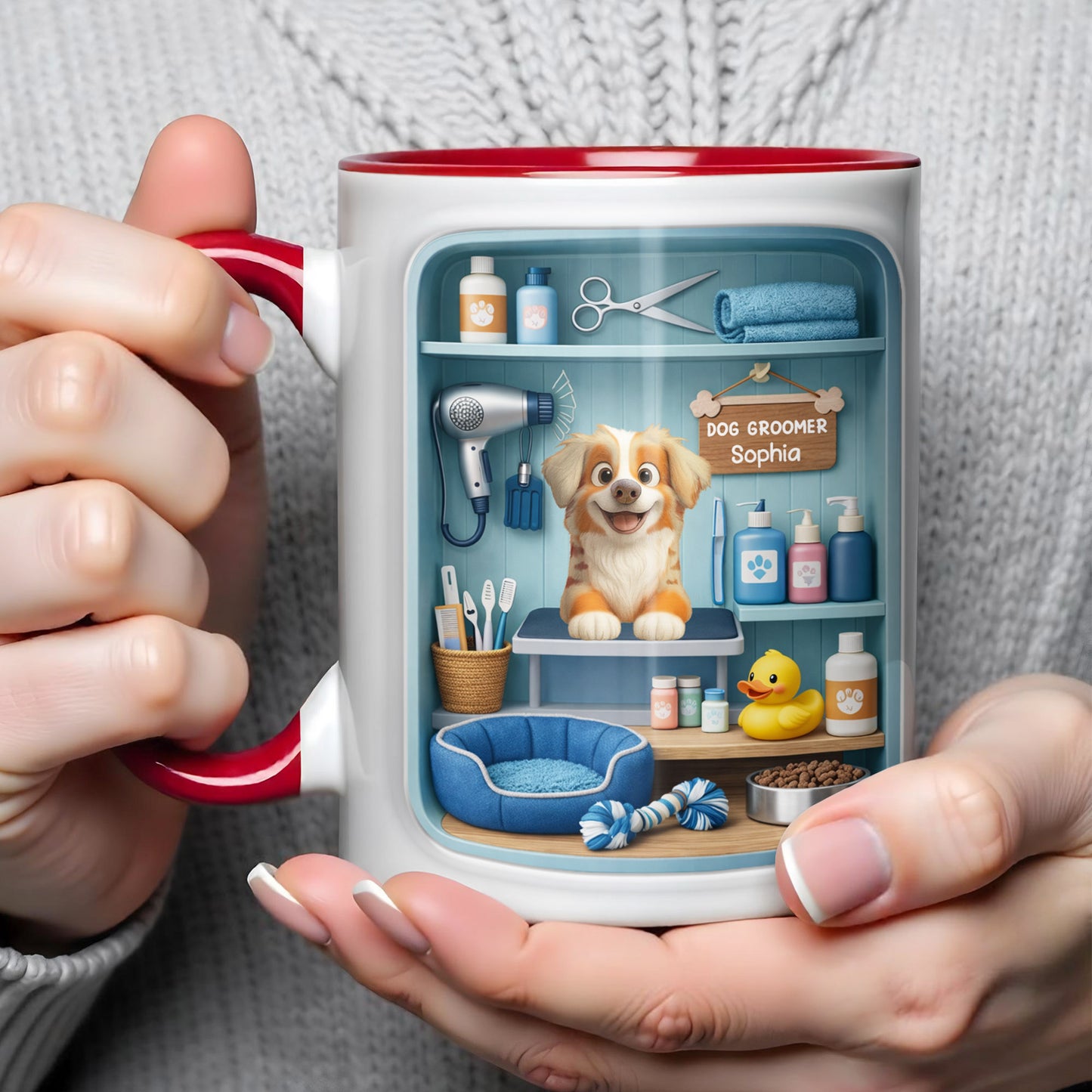 Dog Groomer With Adorable Puppy And Grooming Tools Design