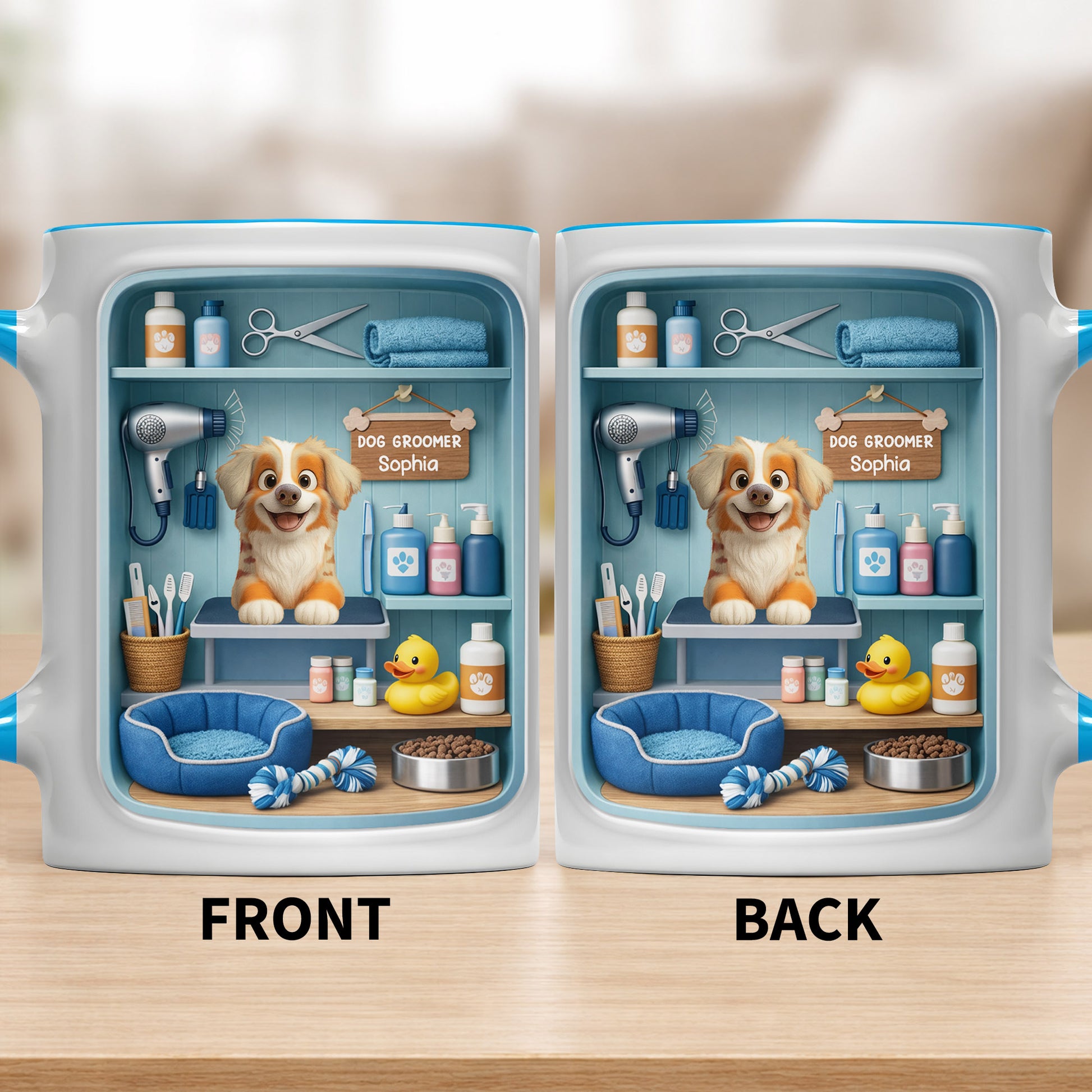 Dog Groomer With Adorable Puppy And Grooming Tools Design