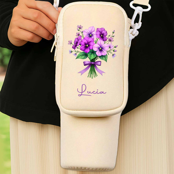 Customizable Water Bottle Carrier Bag With Floral Design - Personalized Custom Water Bottle Carrier Bag - DTG026_BCB