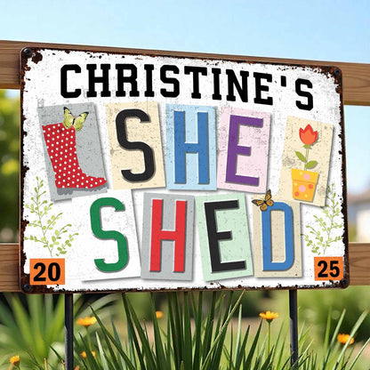 She Shed, Garden Boot, Flower And Butterfly Design - Personalized Metal Sign - DTG038_MSIGN