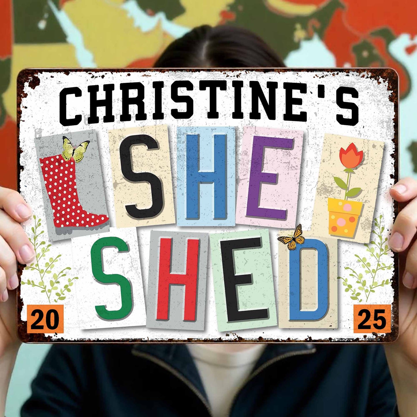 She Shed, Garden Boot, Flower And Butterfly Design - Personalized Metal Sign - DTG038_MSIGN