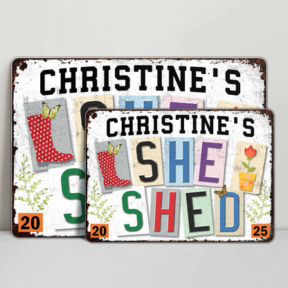 She Shed, Garden Boot, Flower And Butterfly Design - Personalized Metal Sign - DTG038_MSIGN