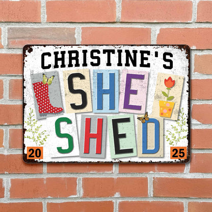 She Shed, Garden Boot, Flower And Butterfly Design - Personalized Metal Sign - DTG038_MSIGN