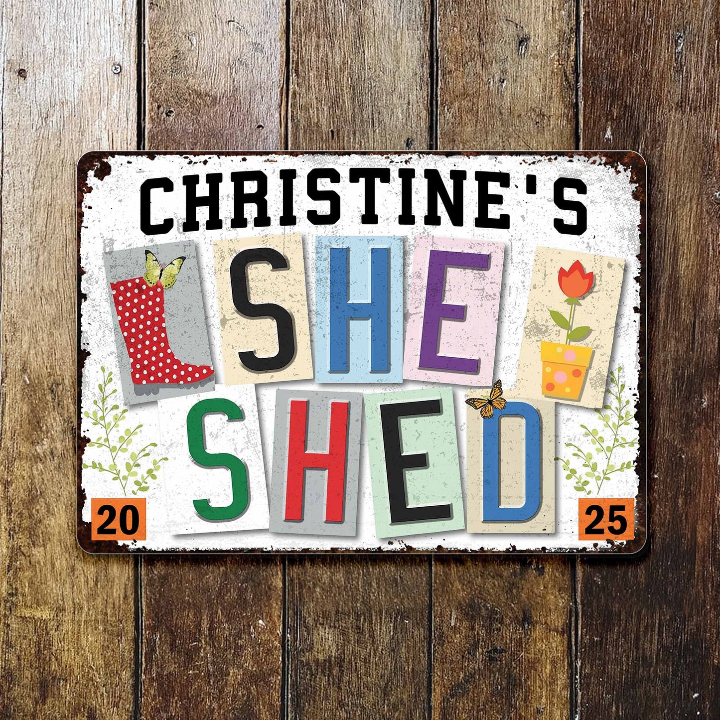 She Shed, Garden Boot, Flower And Butterfly Design - Personalized Metal Sign - DTG038_MSIGN
