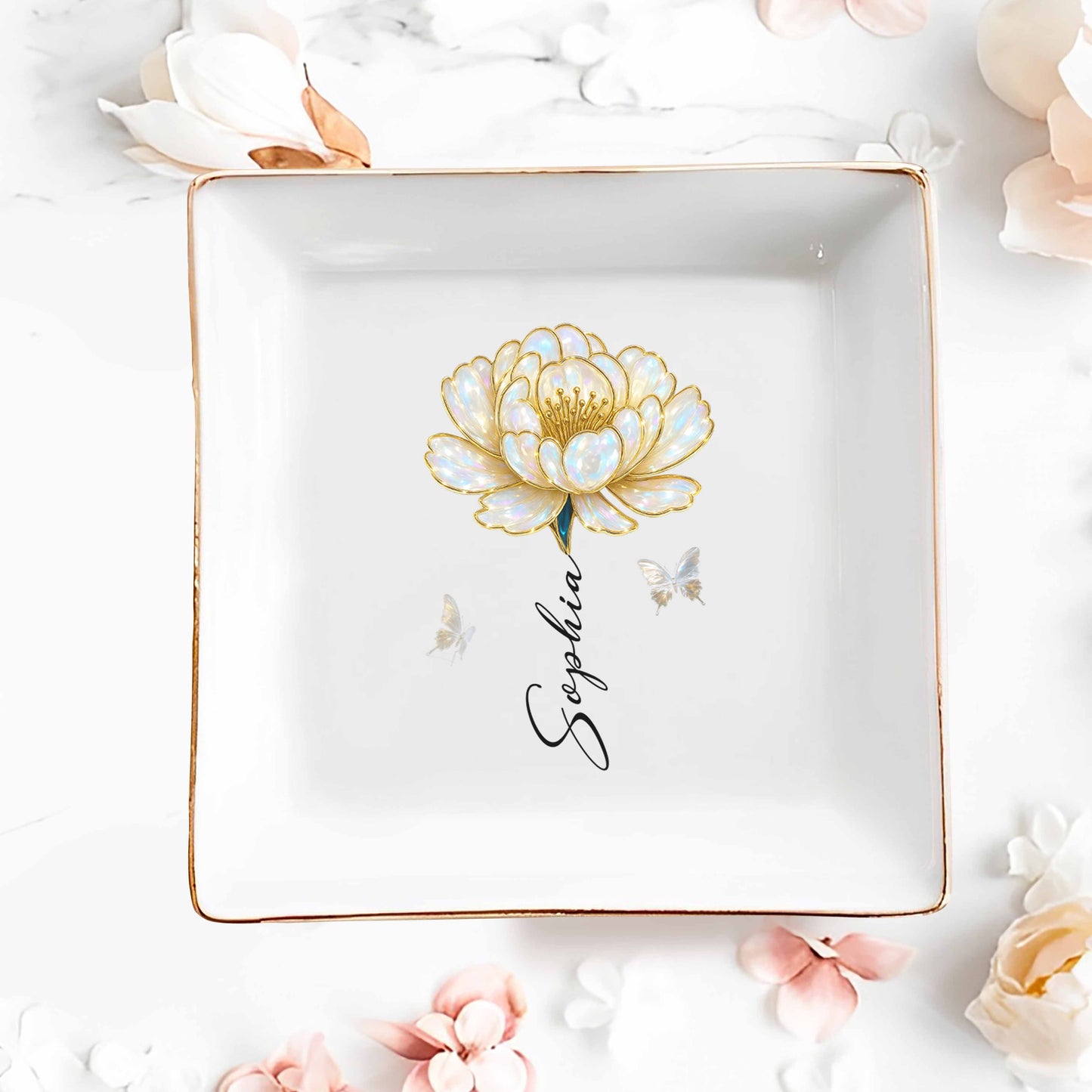 Elegant Custom Jewelry Dish With Flower And Butterflies