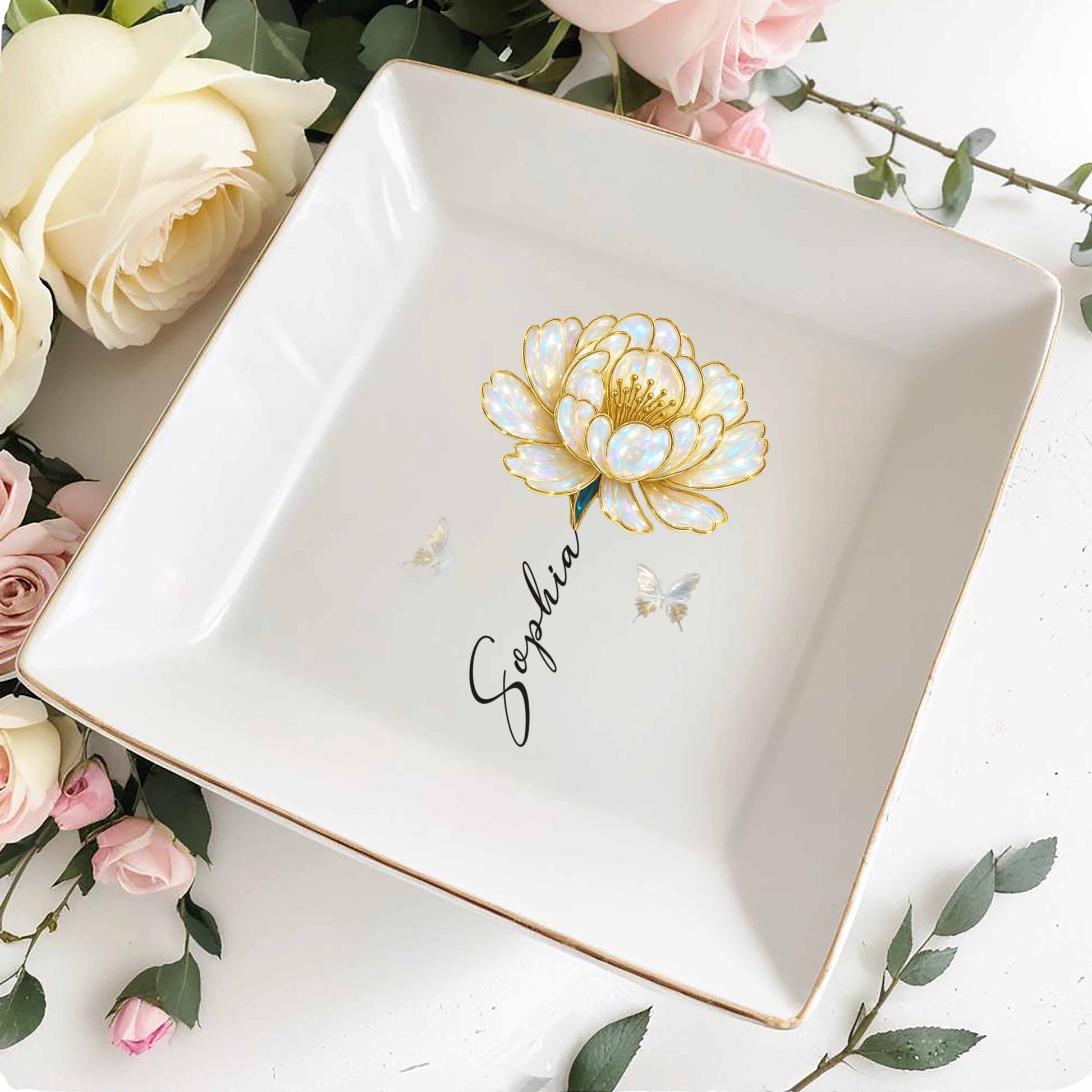 Elegant Custom Jewelry Dish With Flower And Butterflies