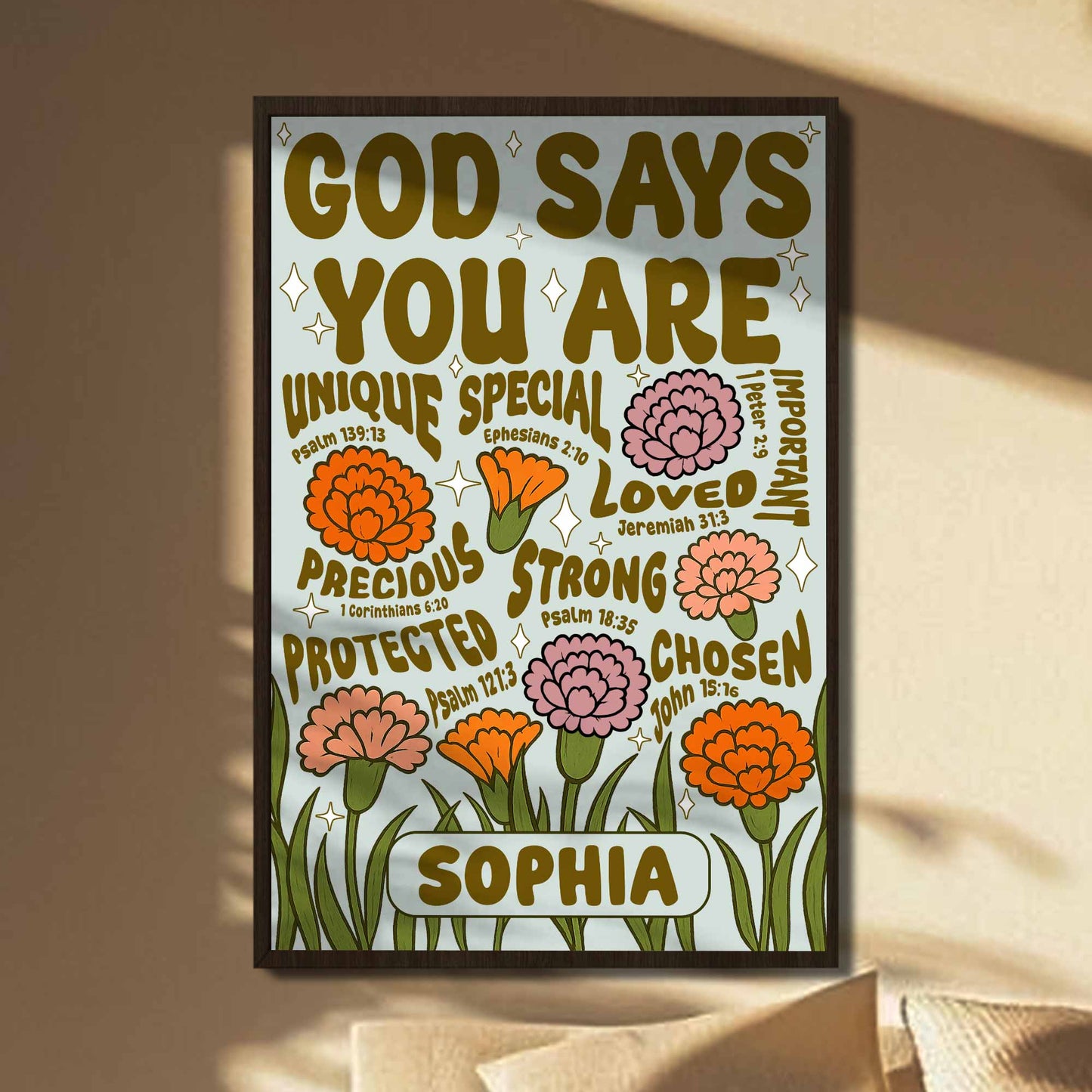 God Says You Are Unique, Special, Loved, Strong With Flowers