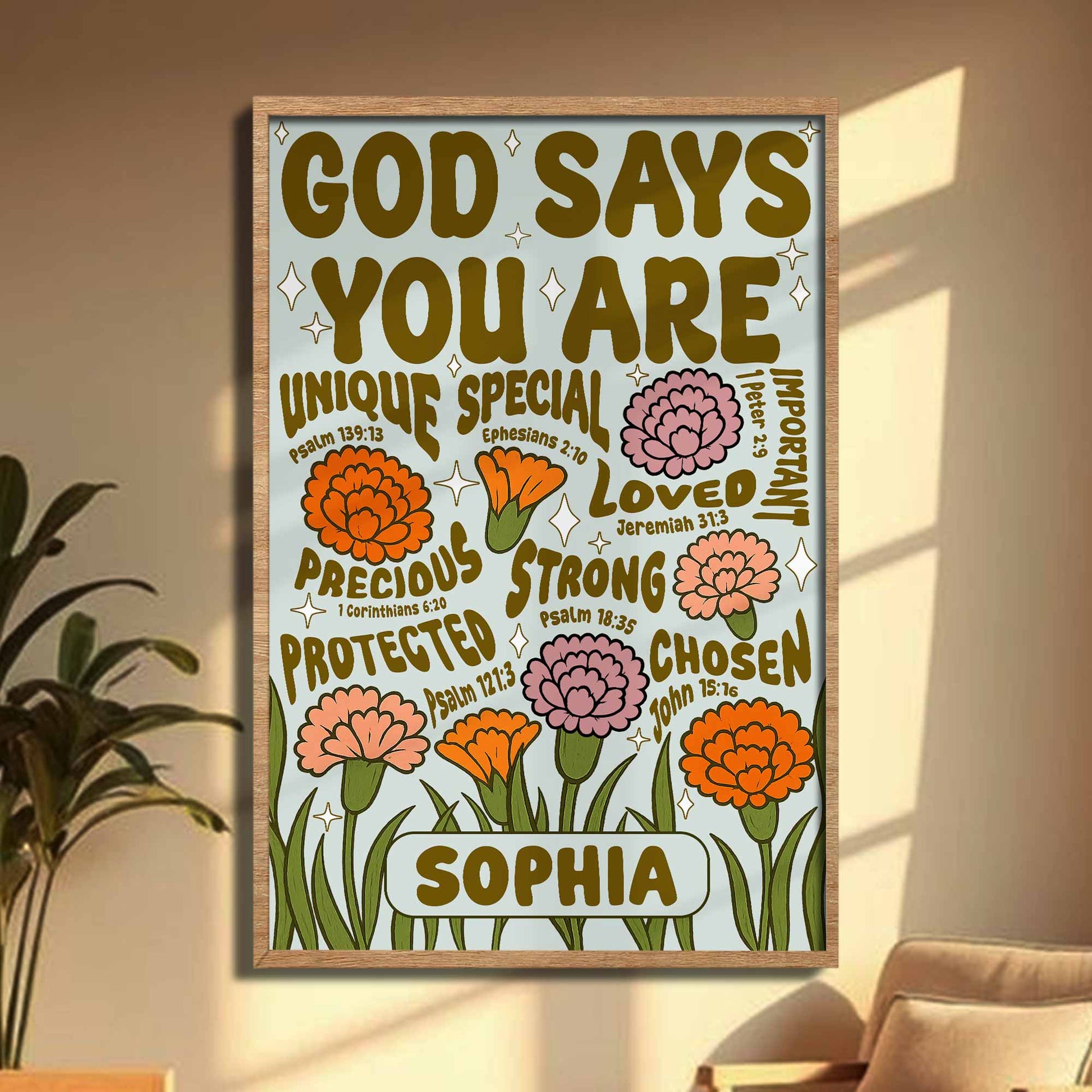 God Says You Are Unique, Special, Loved, Strong With Flowers