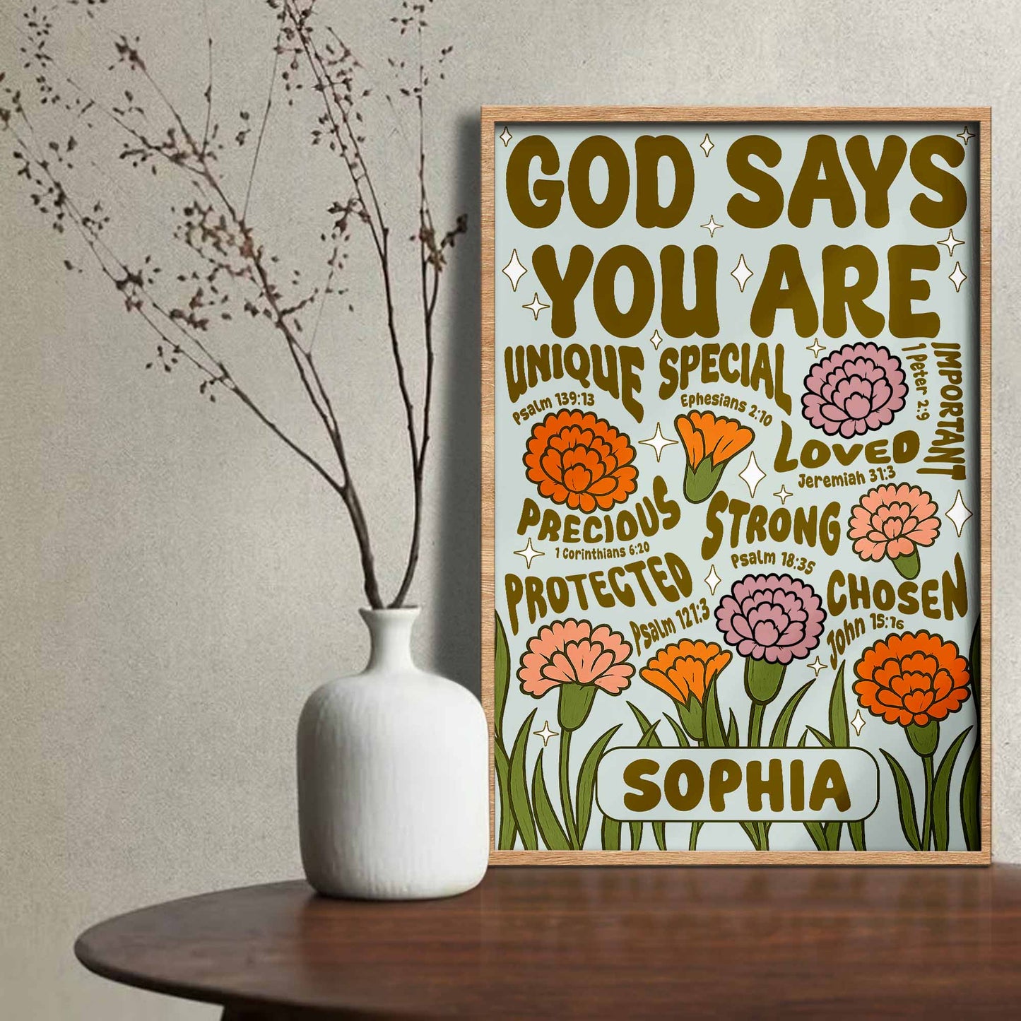 God Says You Are Unique, Special, Loved, Strong With Flowers
